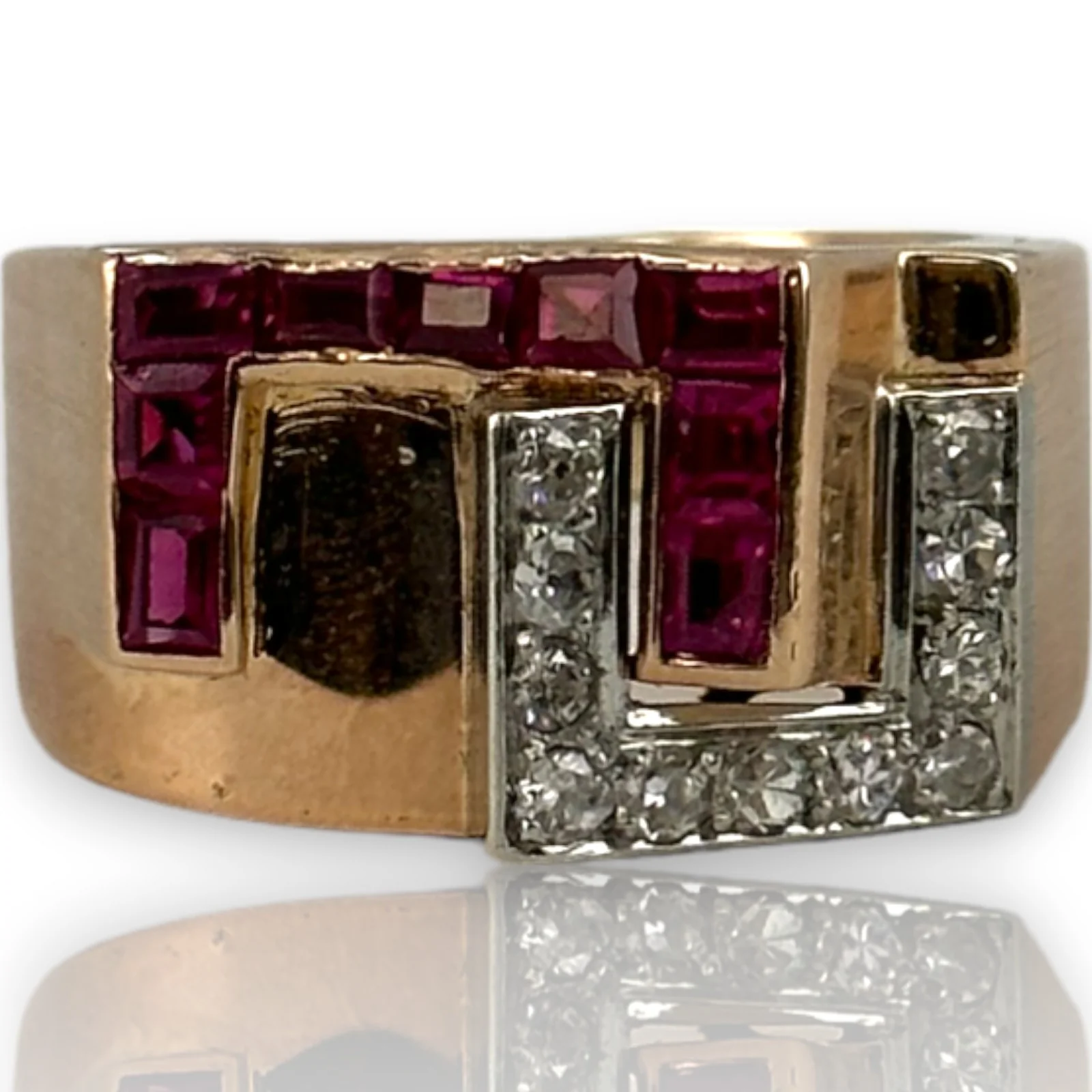 Retro Era 1930s 14kt Rose Gold Interlocking Diamond and Lab Ruby Tank Ring - Image 2