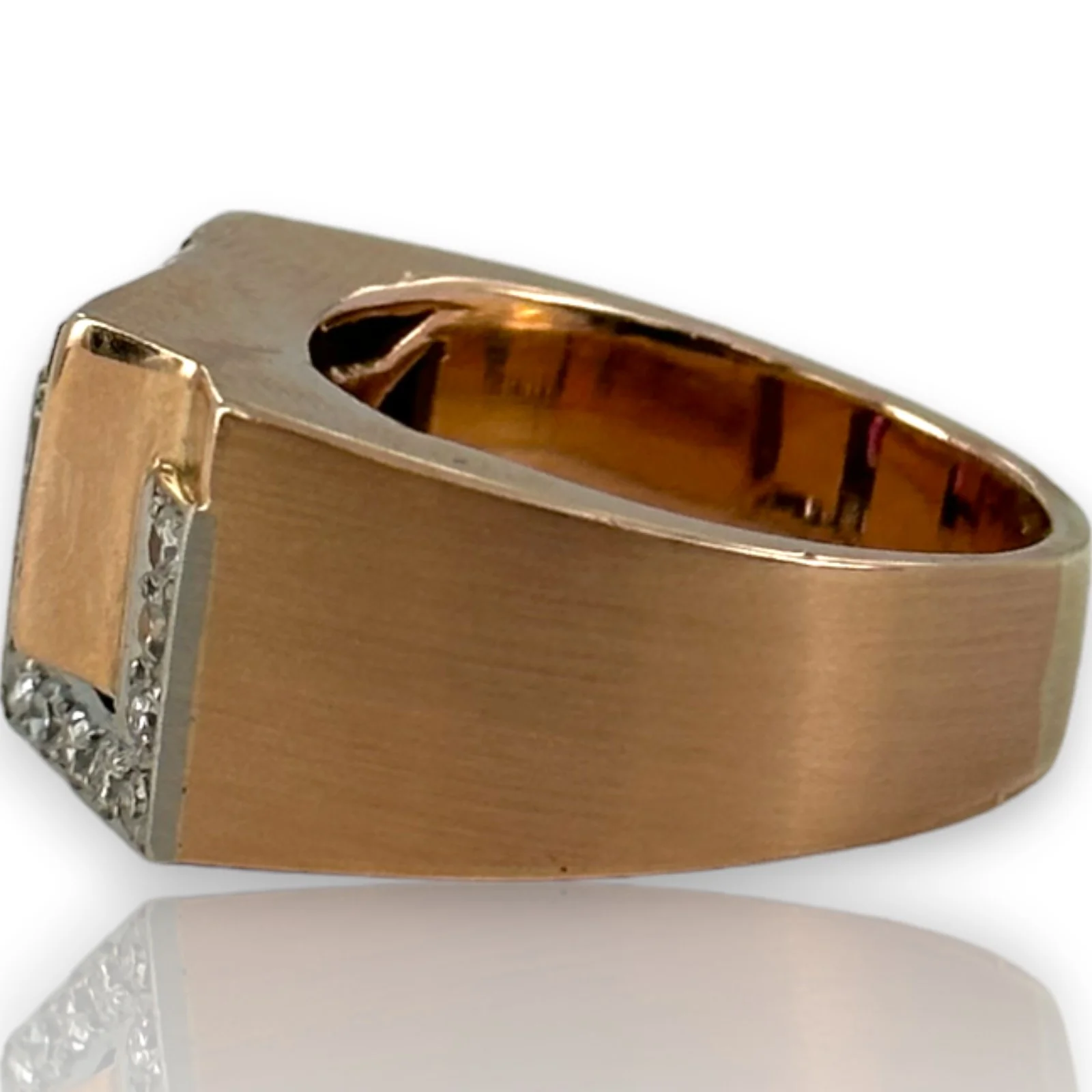 Retro Era 1930s 14kt Rose Gold Interlocking Diamond and Lab Ruby Tank Ring - Image 3