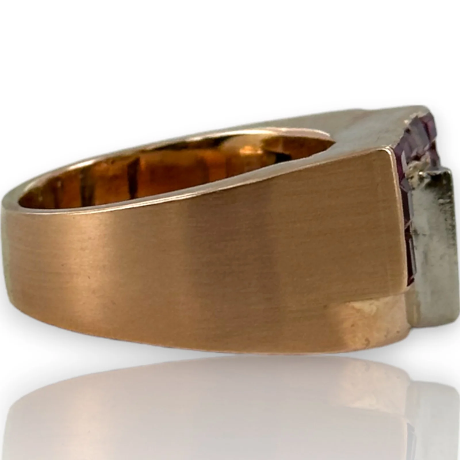 Retro Era 1930s 14kt Rose Gold Interlocking Diamond and Lab Ruby Tank Ring - Image 4