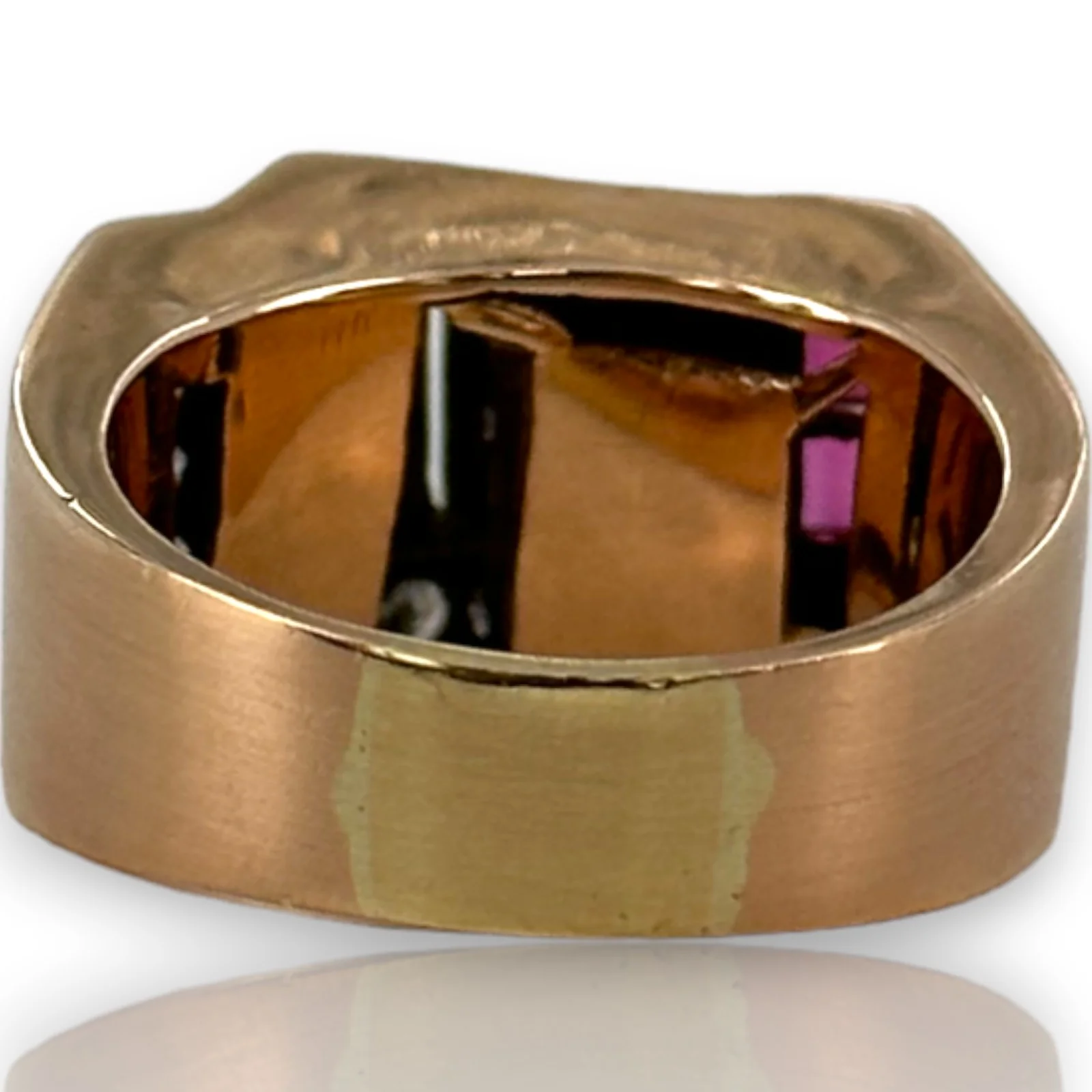 Retro Era 1930s 14kt Rose Gold Interlocking Diamond and Lab Ruby Tank Ring - Image 5