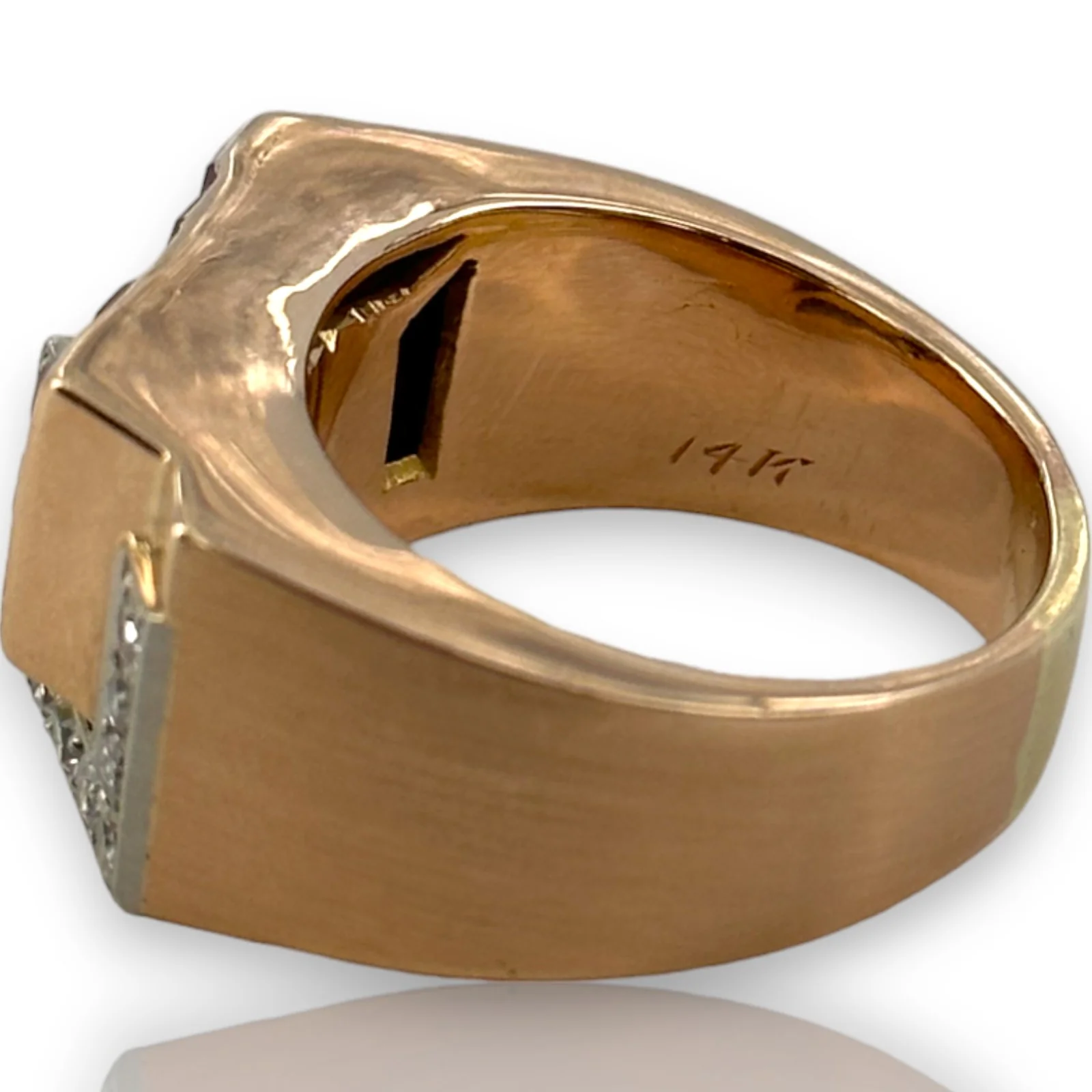 Retro Era 1930s 14kt Rose Gold Interlocking Diamond and Lab Ruby Tank Ring - Image 6