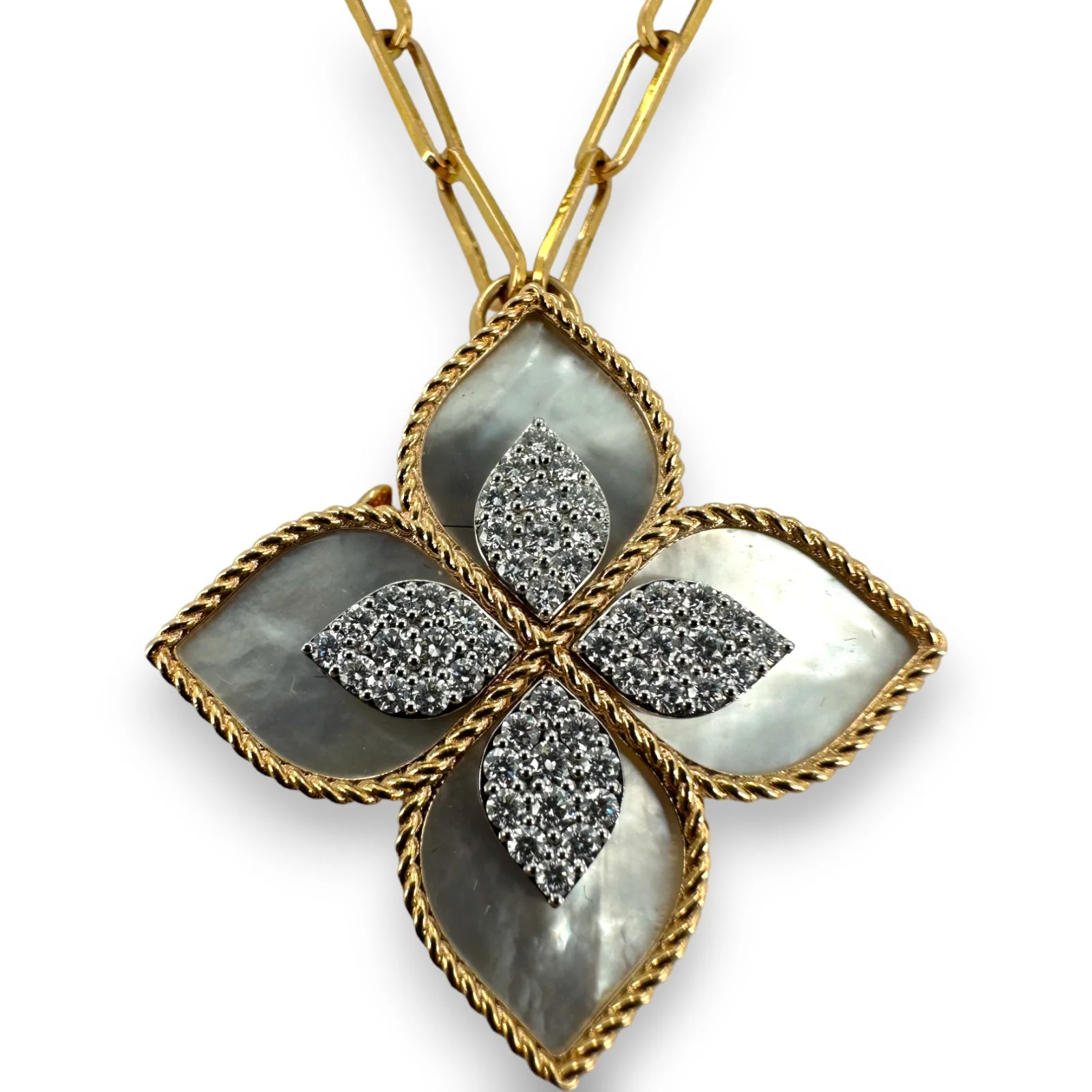 Roberto Coin RARE 18kt Yellow Gold Princess Flower Diamond and Mother of Pearl Locket Necklace with 32" Paperclip Chain