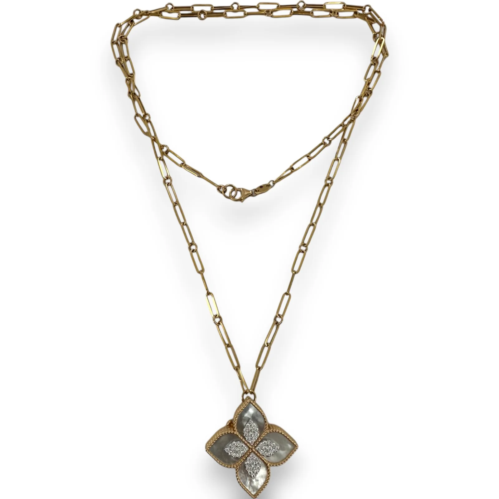 Roberto Coin RARE 18kt Yellow Gold Princess Flower Diamond and Mother of Pearl Locket Necklace with 32" Paperclip Chain - Image 5