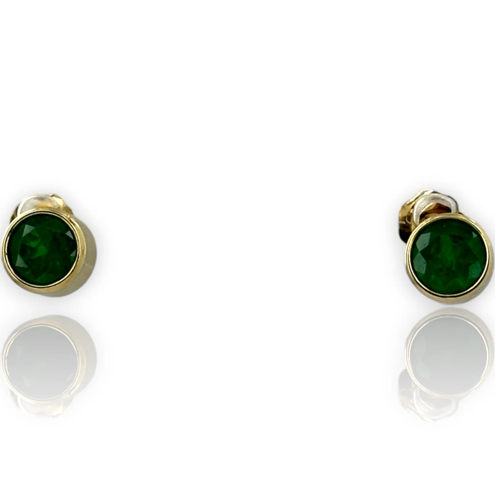 Round Emerald Gemstone Bezel Set 14k 585 Yellow Gold Stud Earrings