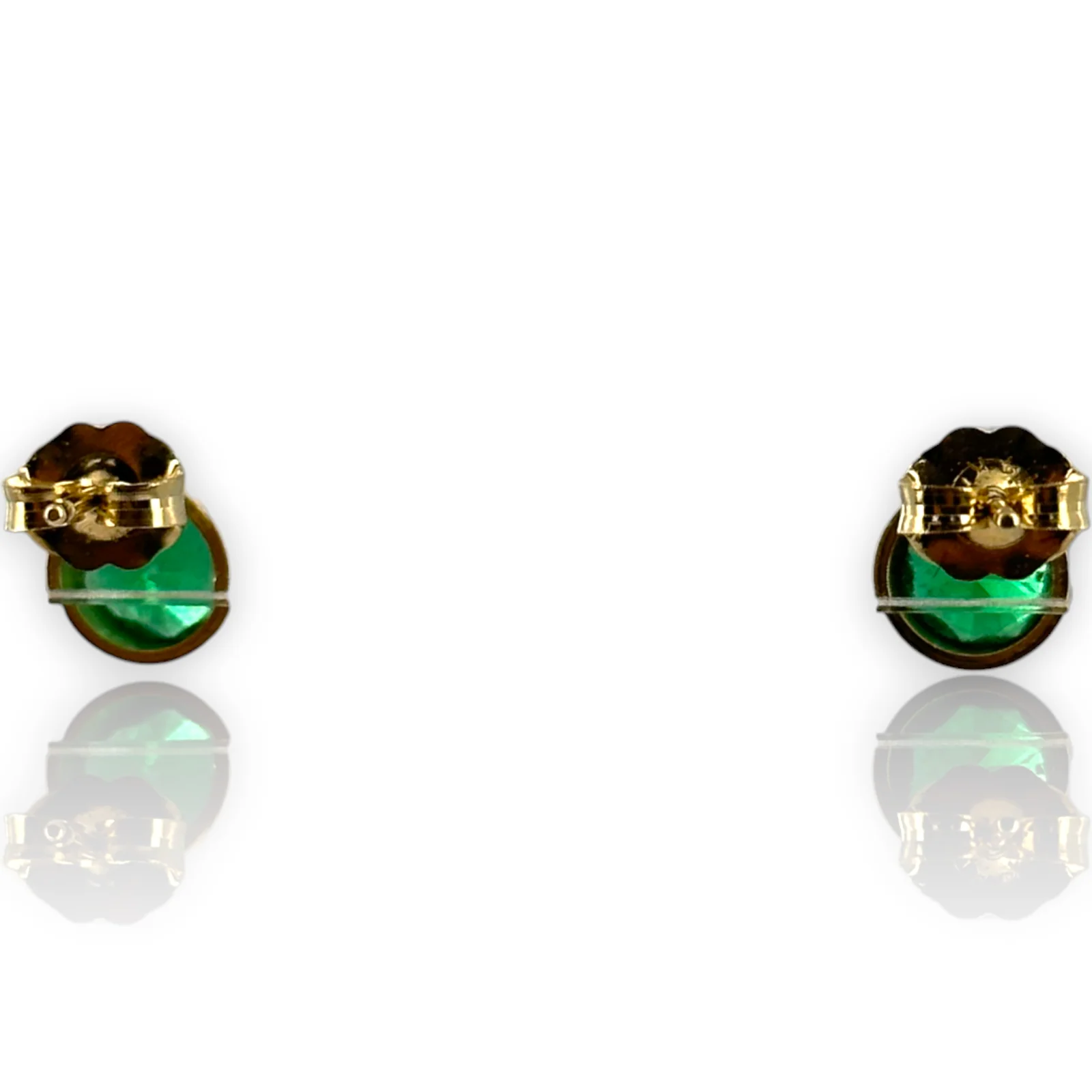 Round Emerald Gemstone Bezel Set 14k 585 Yellow Gold Stud Earrings - Image 3