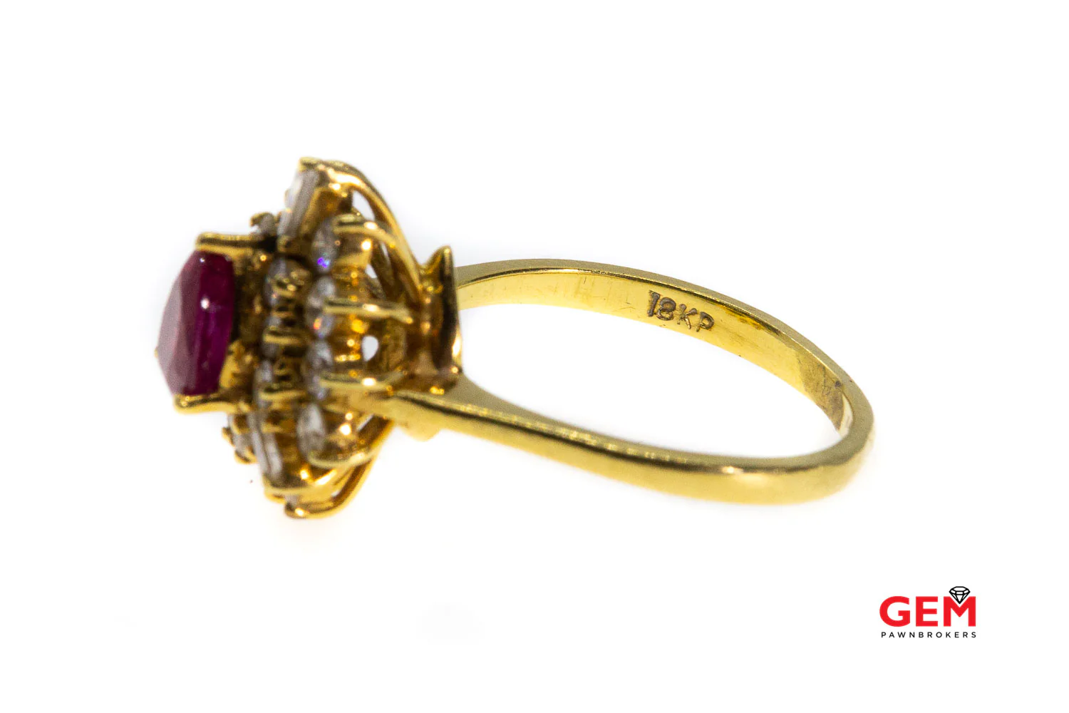 Ruby & Diamond Cluster 18K 750 Yellow Gold Ruby Diamond Ring Size 8 - Image 3