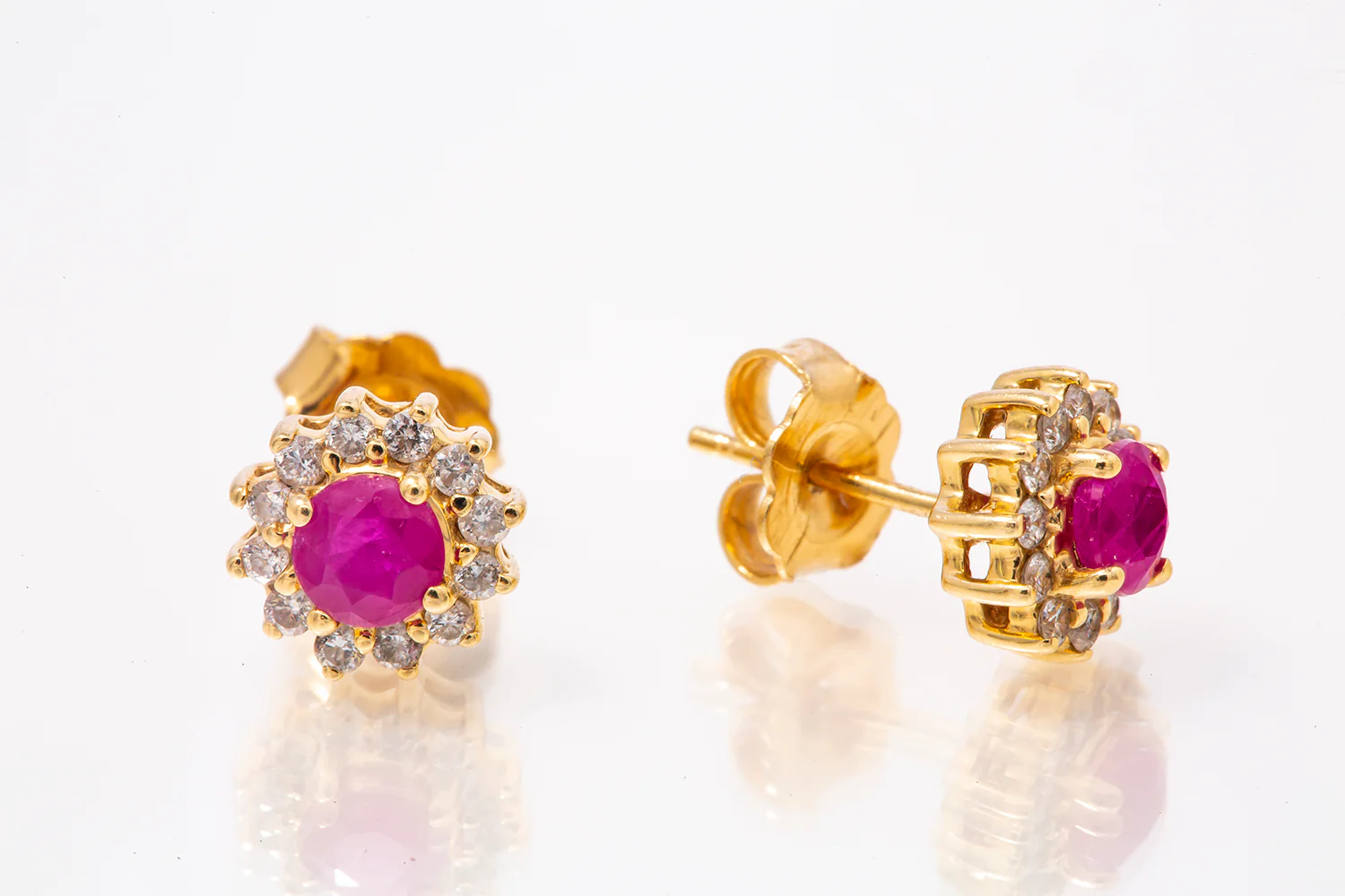 Ruby & Diamond Halo Stud Earrings 14k 585 Yellow Gold - Image 2