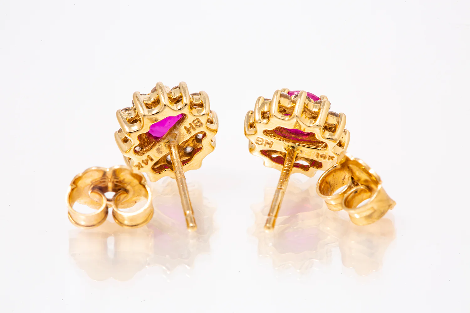 Ruby & Diamond Halo Stud Earrings 14k 585 Yellow Gold - Image 3