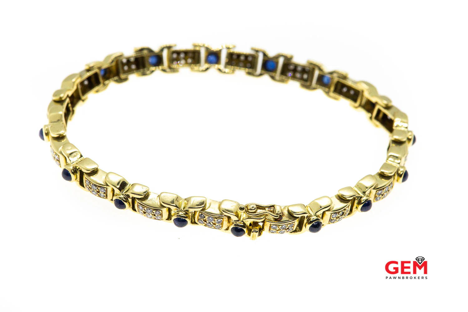 Salavetti Natural Sapphire & Diamond Pave Link 18K 750 Yellow Gold 7.5" Bracelet - Image 3
