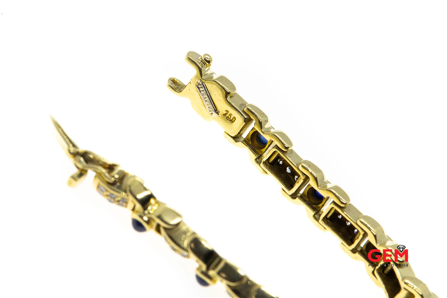 Salavetti Natural Sapphire & Diamond Pave Link 18K 750 Yellow Gold 7.5" Bracelet - Image 5