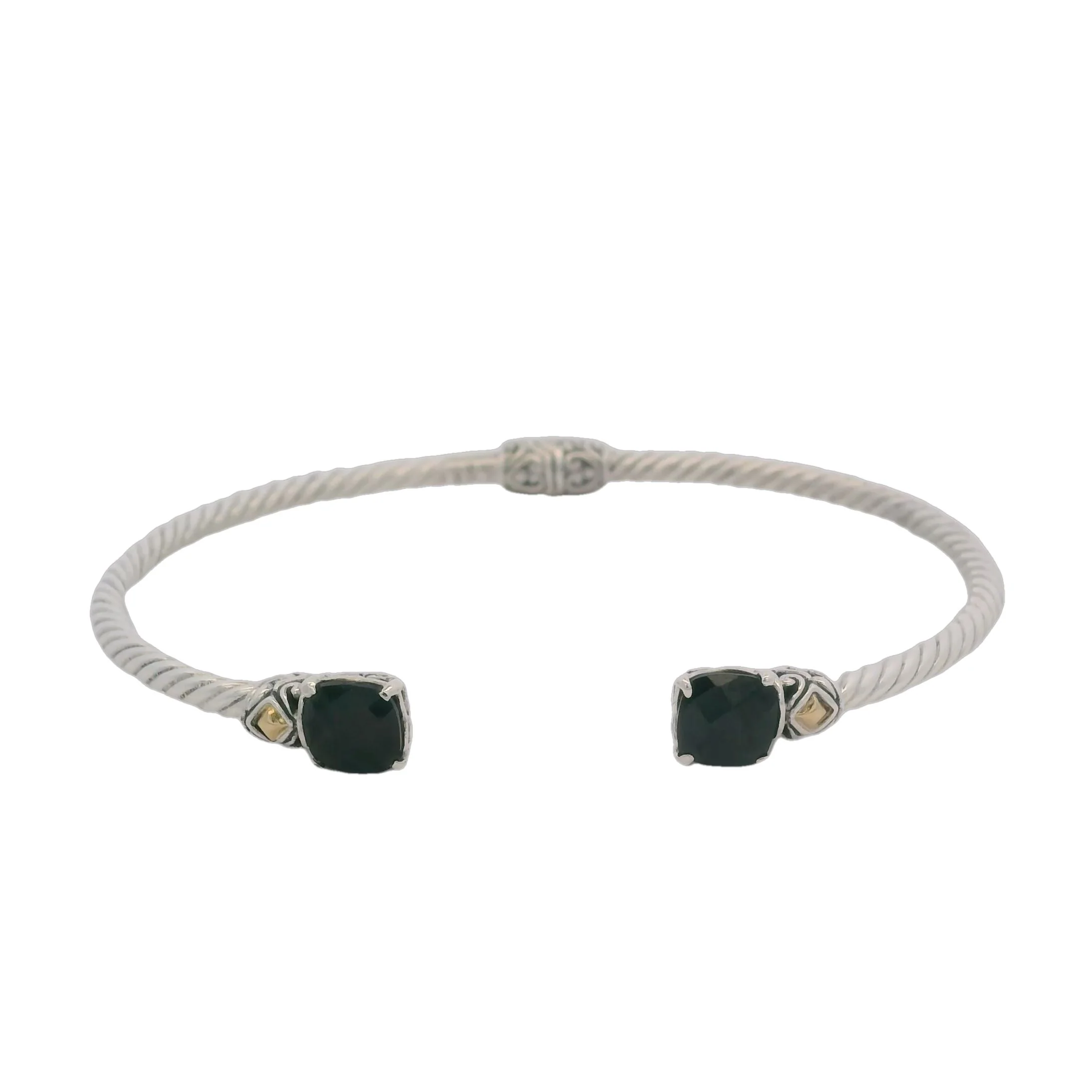 Samuel B 925 Sterling Silver and 18kt Yellow Gold Checkerboard Cut Onyx 8" Cuff Bangle Bracelet