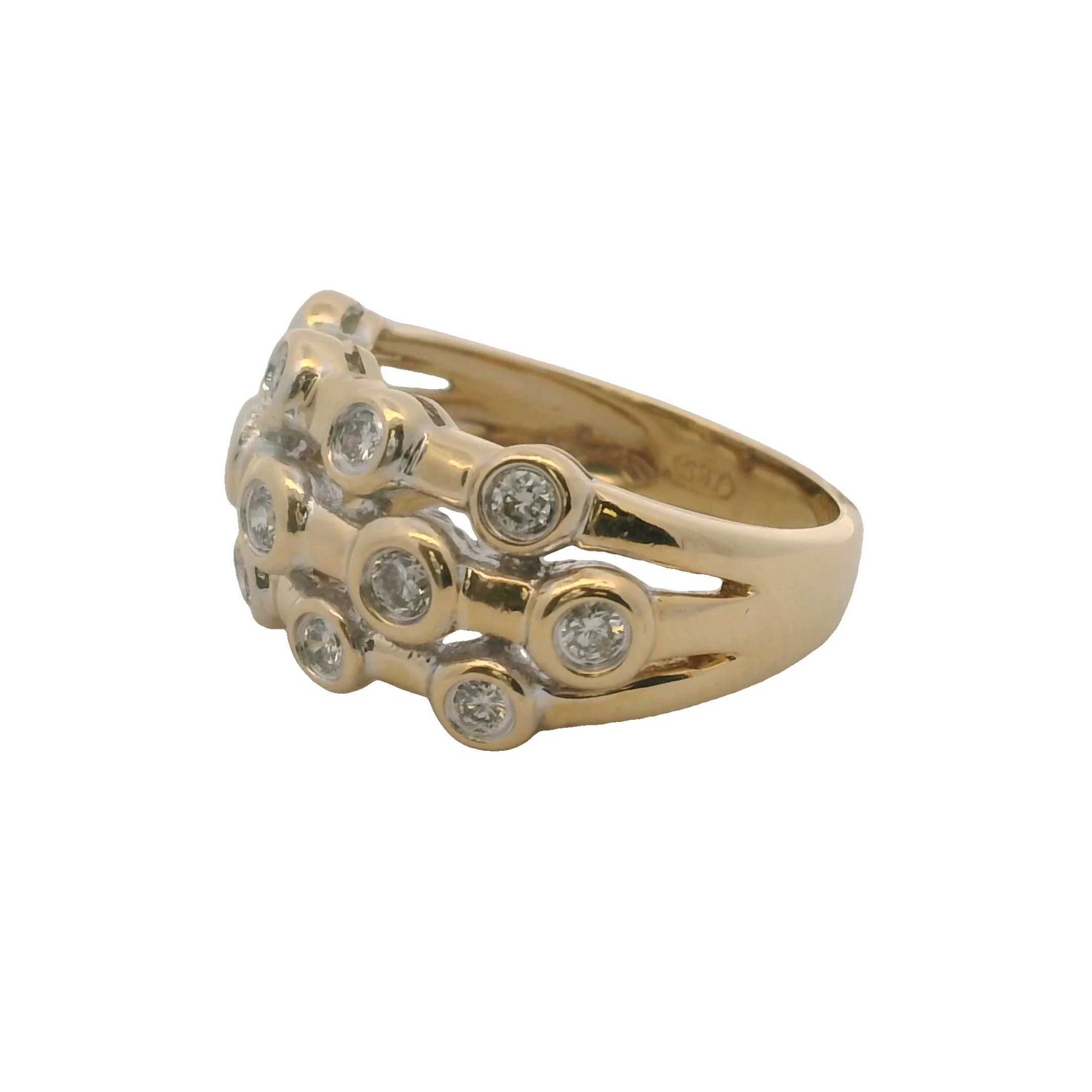 SBT Solid 14kt Yellow Gold and Bezel Set Diamond 3-Row Bubble Ring Size 7 - Image 2