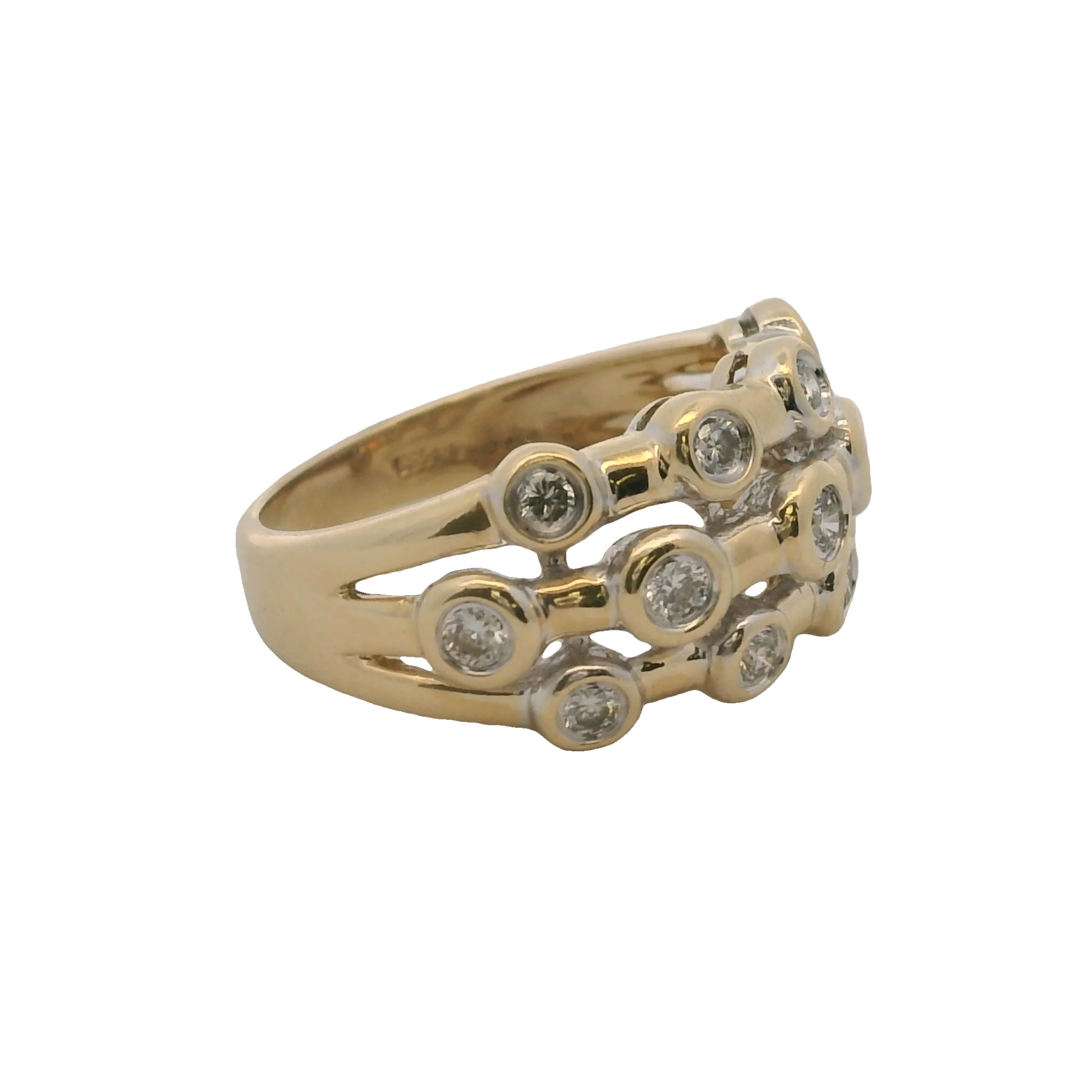 SBT Solid 14kt Yellow Gold and Bezel Set Diamond 3-Row Bubble Ring Size 7 - Image 3