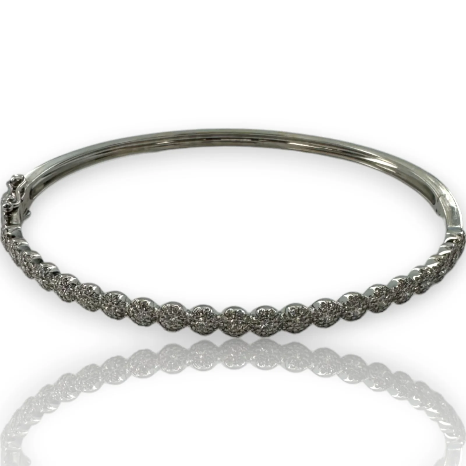 Shy Creation 14kt White Gold and Diamond Hinged Bangle with Mini Halos and Double Safety Clasp - Image 2