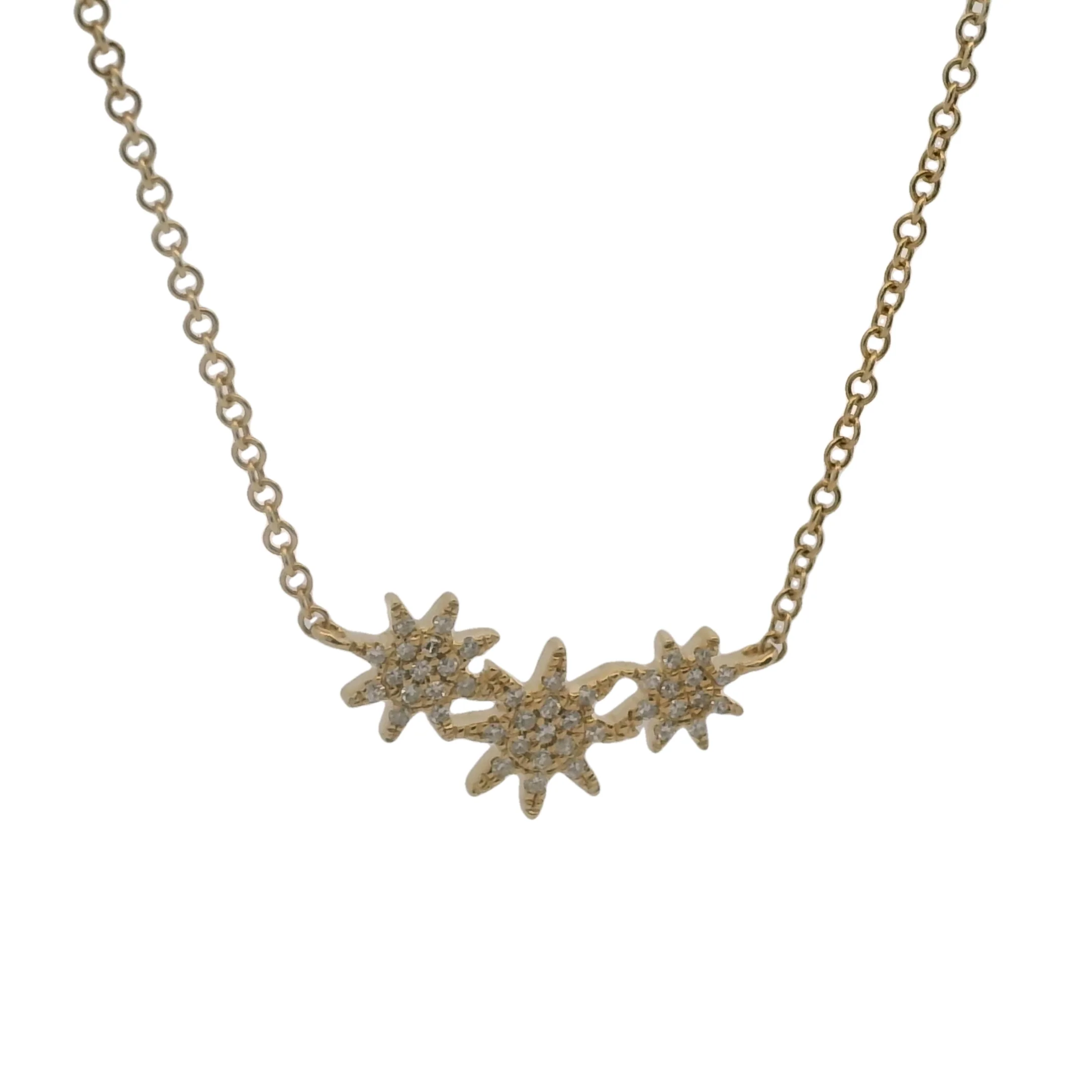 Shy Creation Fine Jewelry Solid 14kt Yellow Gold Celeste 0.09CT Triple Diamond Star Station Pendant Necklace with 4 Adjustable Lengths - Image 3