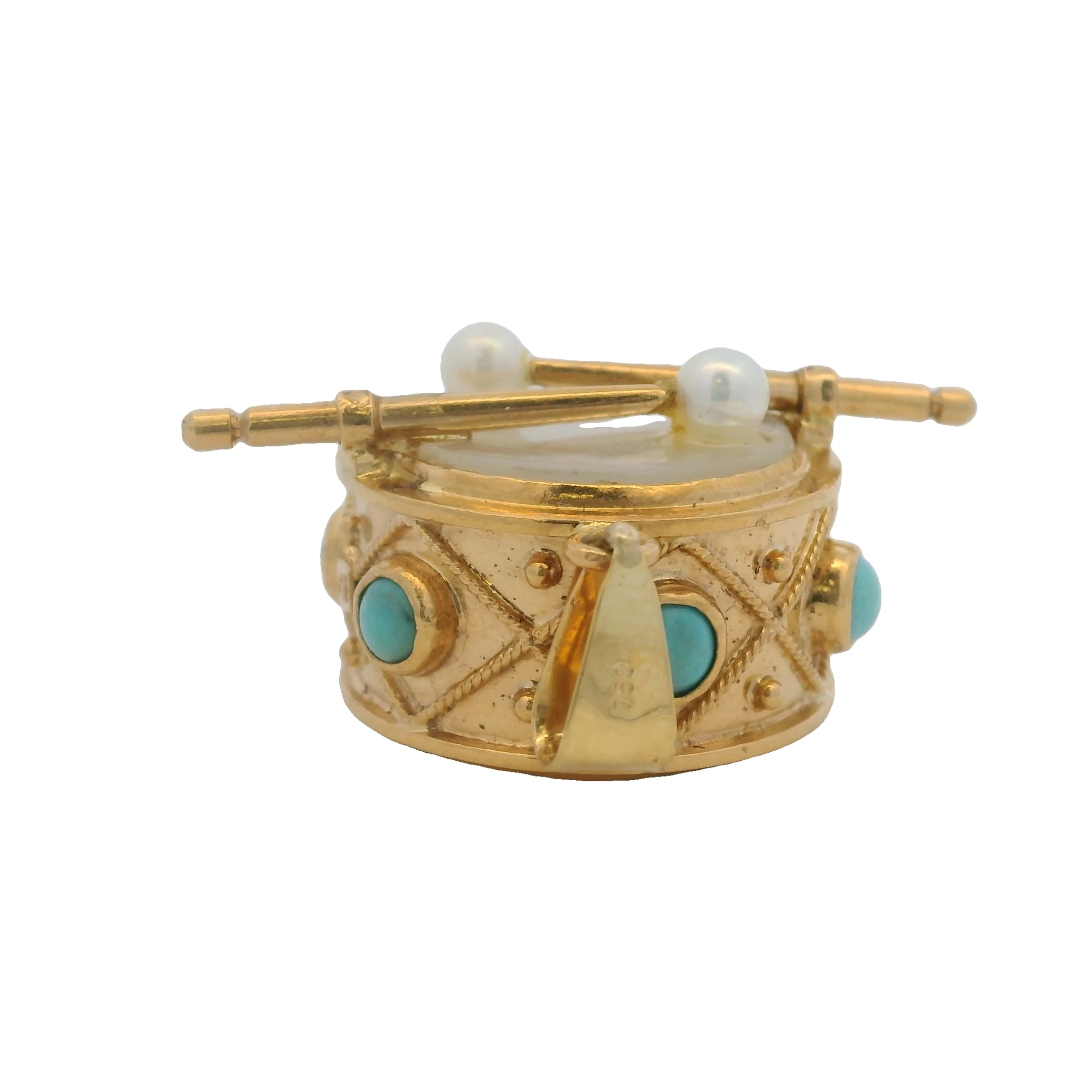 Sidra Jewels 18kt Yellow Gold Drum Pendant with Mother of Pearl, Turquoise, and Freshwater Pearls - Image 6
