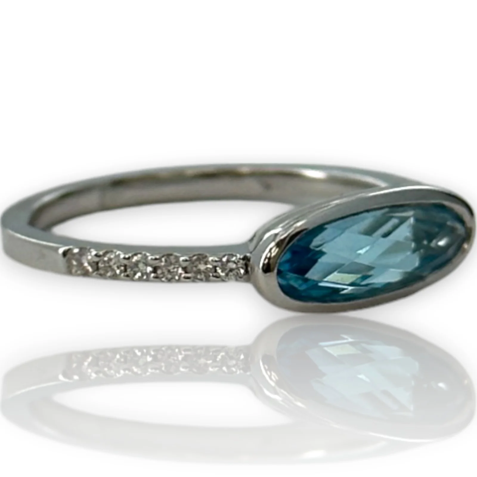 Skewes Jewelry Solid 14kt White Gold Horizontal Set Swiss Blue Topaz Stackable Fashion Ring with Diamond Accent Band Size 7 - Image 2