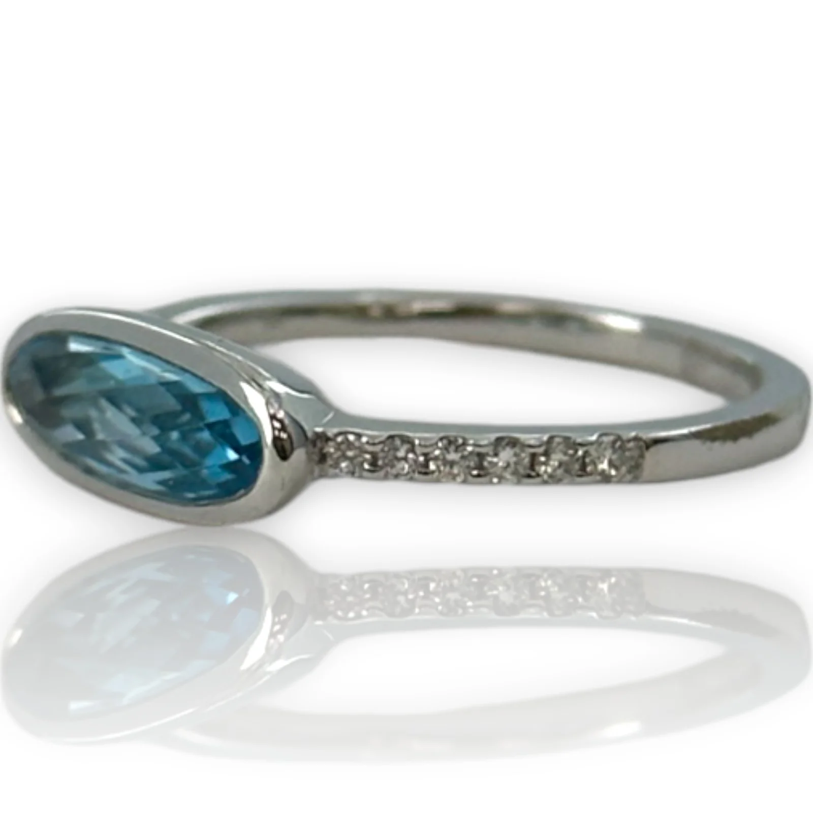 Skewes Jewelry Solid 14kt White Gold Horizontal Set Swiss Blue Topaz Stackable Fashion Ring with Diamond Accent Band Size 7 - Image 3