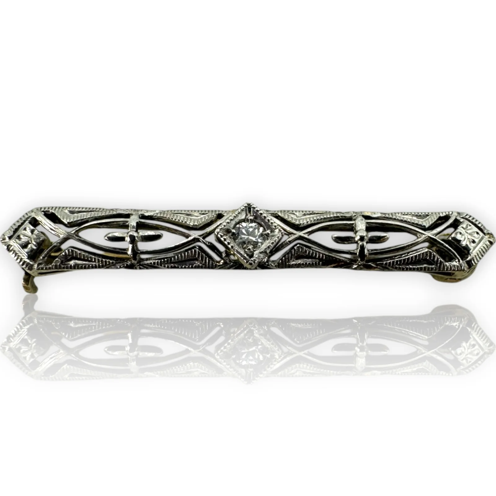 Small 1910-20s Early Art Deco Krementz & Co 2-Tone Yellow Gold Back White Gold Top Solid 14k Transitional Cut Diamond Brooch Pin - Image 2