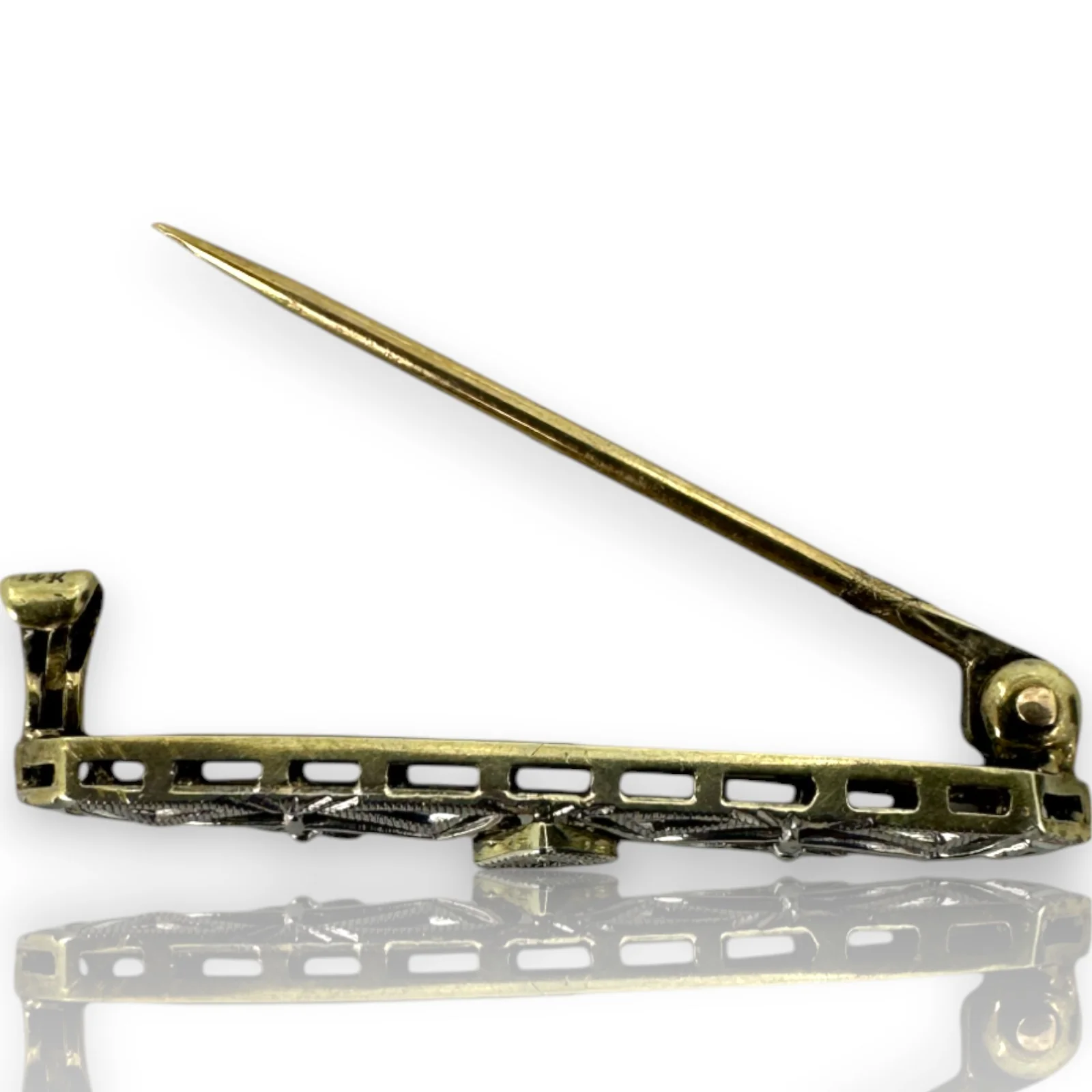Small 1910-20s Early Art Deco Krementz & Co 2-Tone Yellow Gold Back White Gold Top Solid 14k Transitional Cut Diamond Brooch Pin - Image 4
