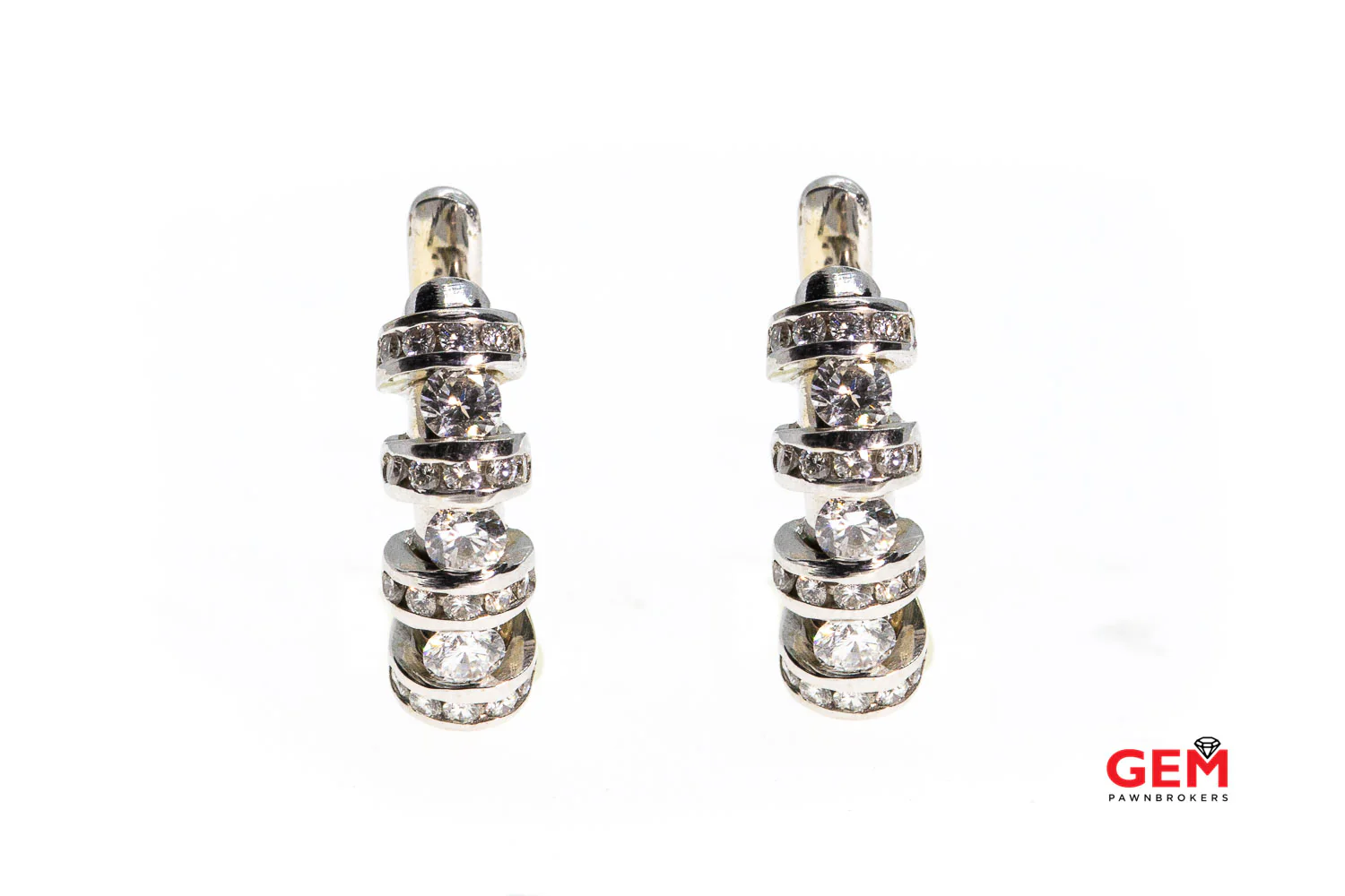 Small Diamond Cluster Tension Set Hoops Solid 18K 750 White Gold Earrings