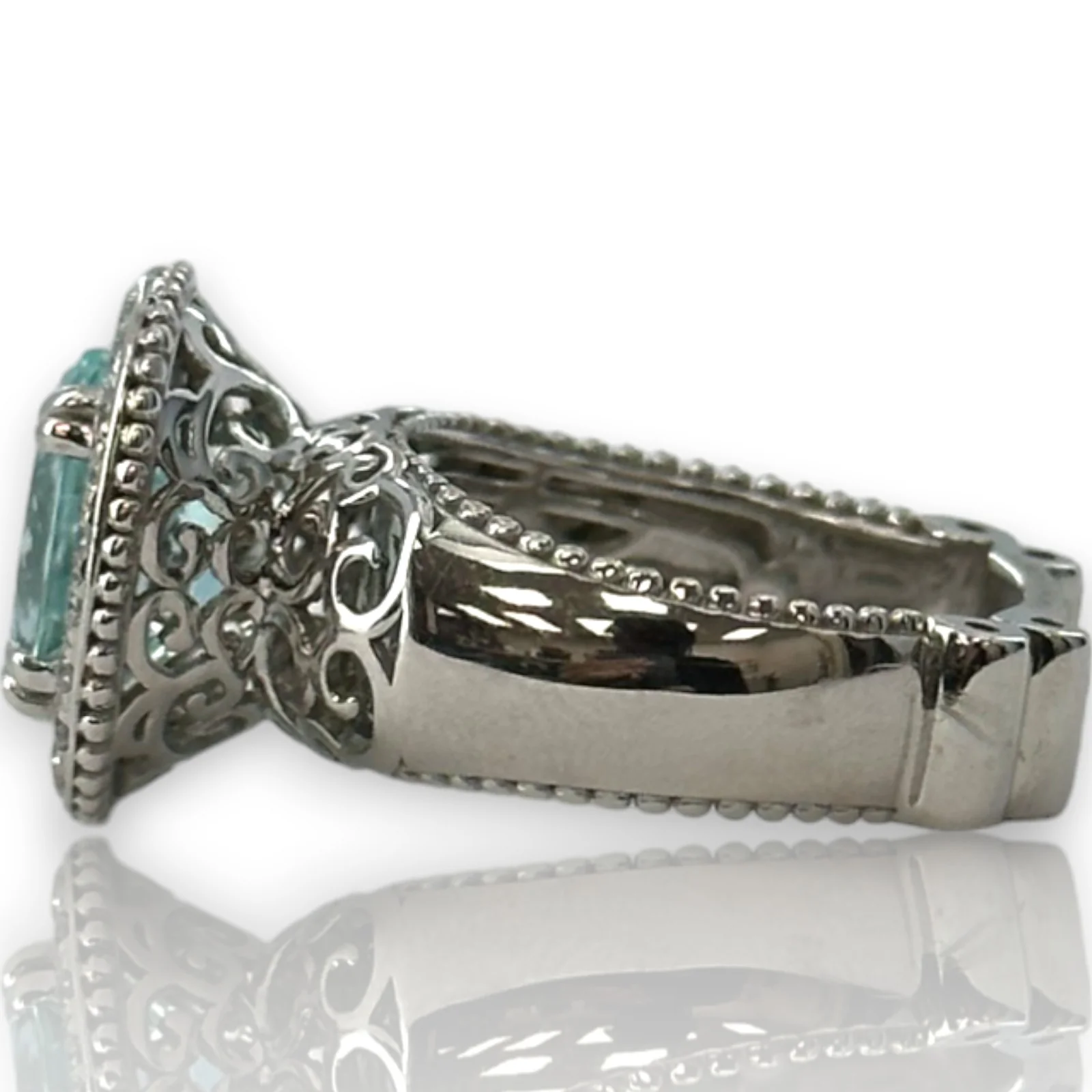 SNJ Jewelers Solid 14kt White Gold Rhodium Plated Light Blue Topaz Openwork Ring with Diamond Halo Size 6 - Image 2