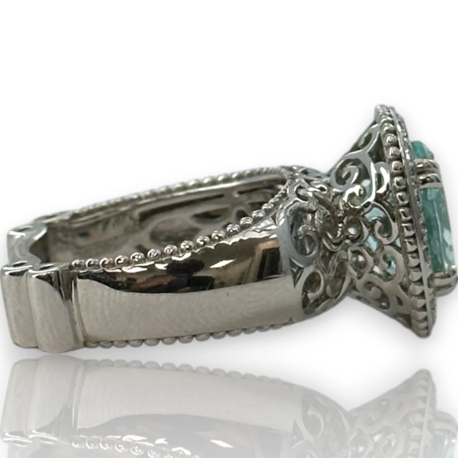 SNJ Jewelers Solid 14kt White Gold Rhodium Plated Light Blue Topaz Openwork Ring with Diamond Halo Size 6 - Image 3