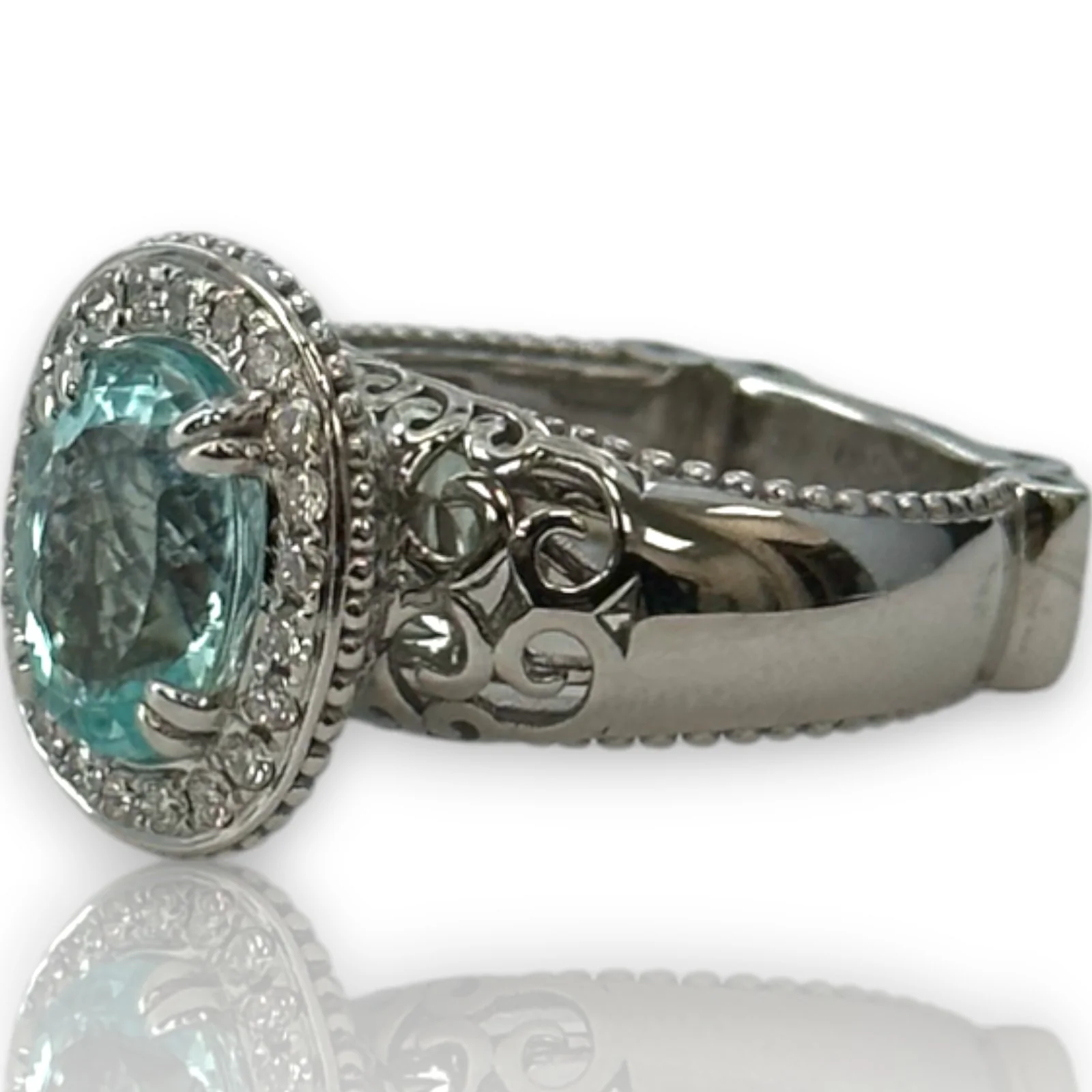 SNJ Jewelers Solid 14kt White Gold Rhodium Plated Light Blue Topaz Openwork Ring with Diamond Halo Size 6 - Image 4