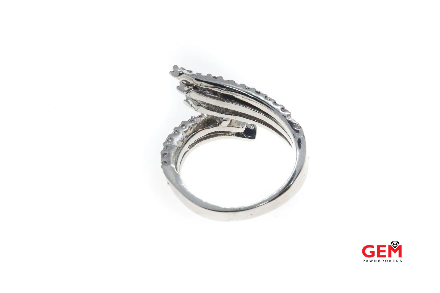Solid 14k 585 White Gold Cubic Zirconia Bypass Twist Feather Ring Size 7 - Image 3