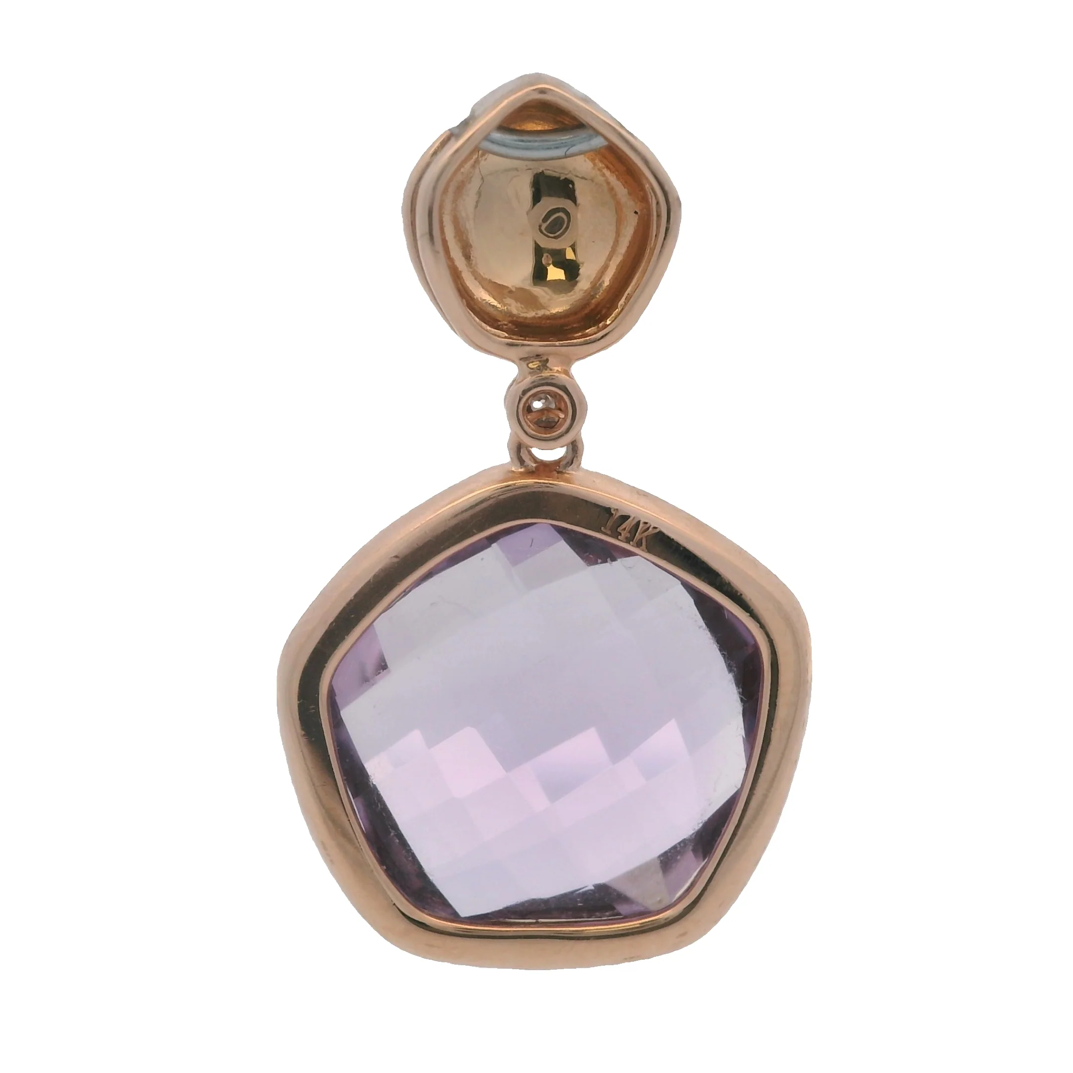 Solid 14kt Rose Gold, Amethyst, and Diamond Abstract Pentagon Necklace Pendant - Image 2