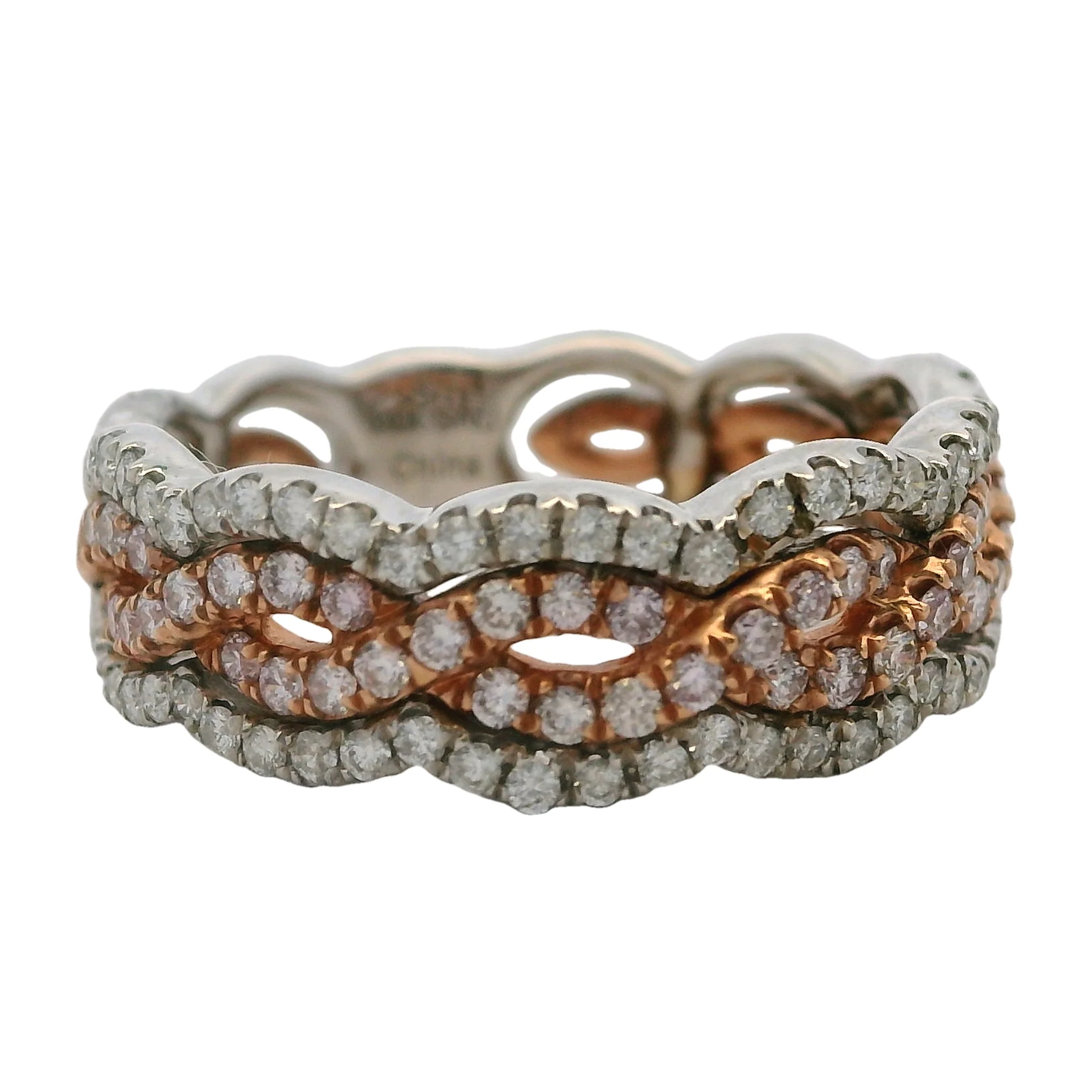 Solid 14kt White and Rose Gold Diamond Pave Twist 6.8mm Stackable Band Size 6 - Image 2
