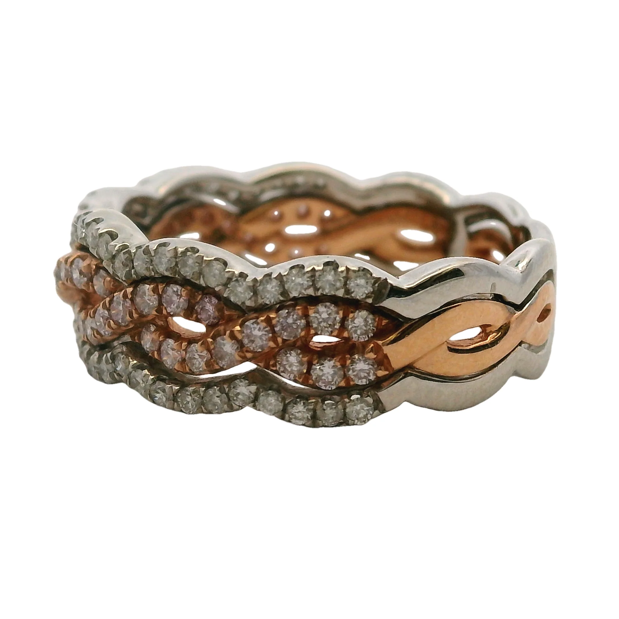 Solid 14kt White and Rose Gold Diamond Pave Twist 6.8mm Stackable Band Size 6 - Image 3