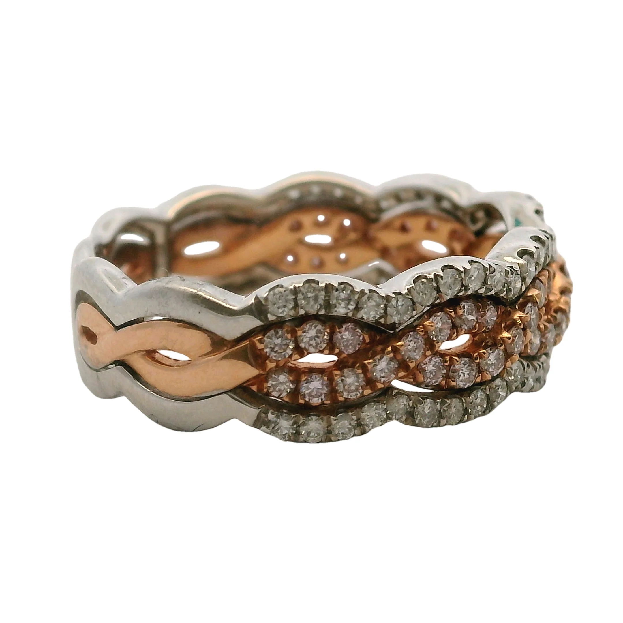 Solid 14kt White and Rose Gold Diamond Pave Twist 6.8mm Stackable Band Size 6 - Image 4