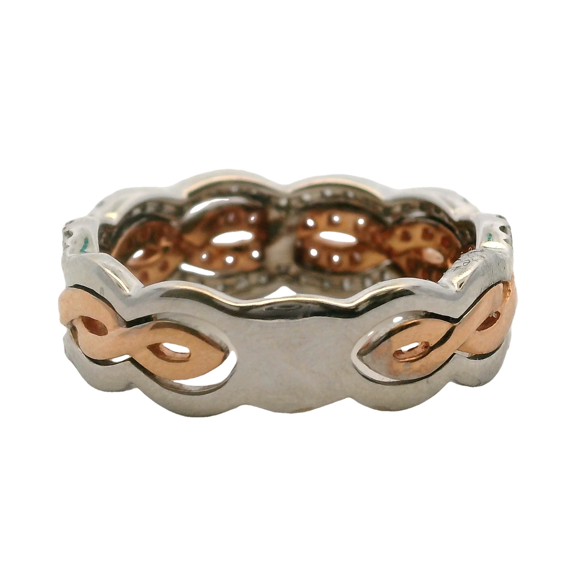 Solid 14kt White and Rose Gold Diamond Pave Twist 6.8mm Stackable Band Size 6 - Image 5