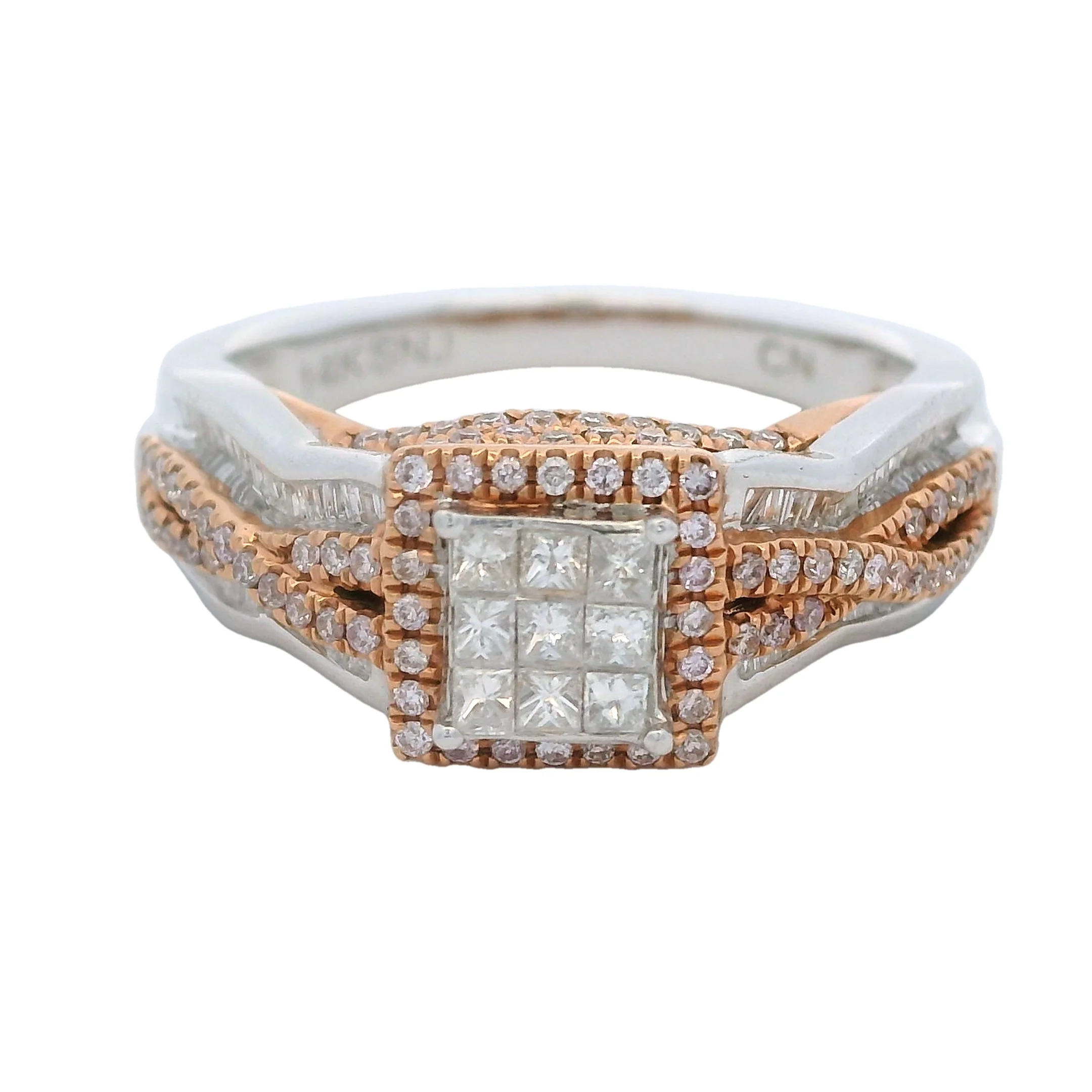 Solid 14kt White and Rose Gold Princess Cut Diamond Cluster Ring with Halo and Accent Band Size 7