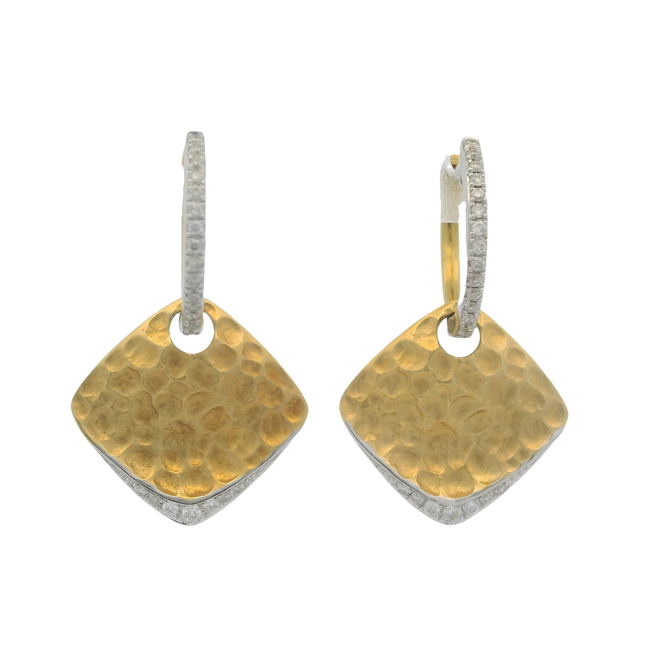 Solid 14kt White and Yellow Gold Reversible Hammered Square Diamond Dangle Snap Earrings - Image 2