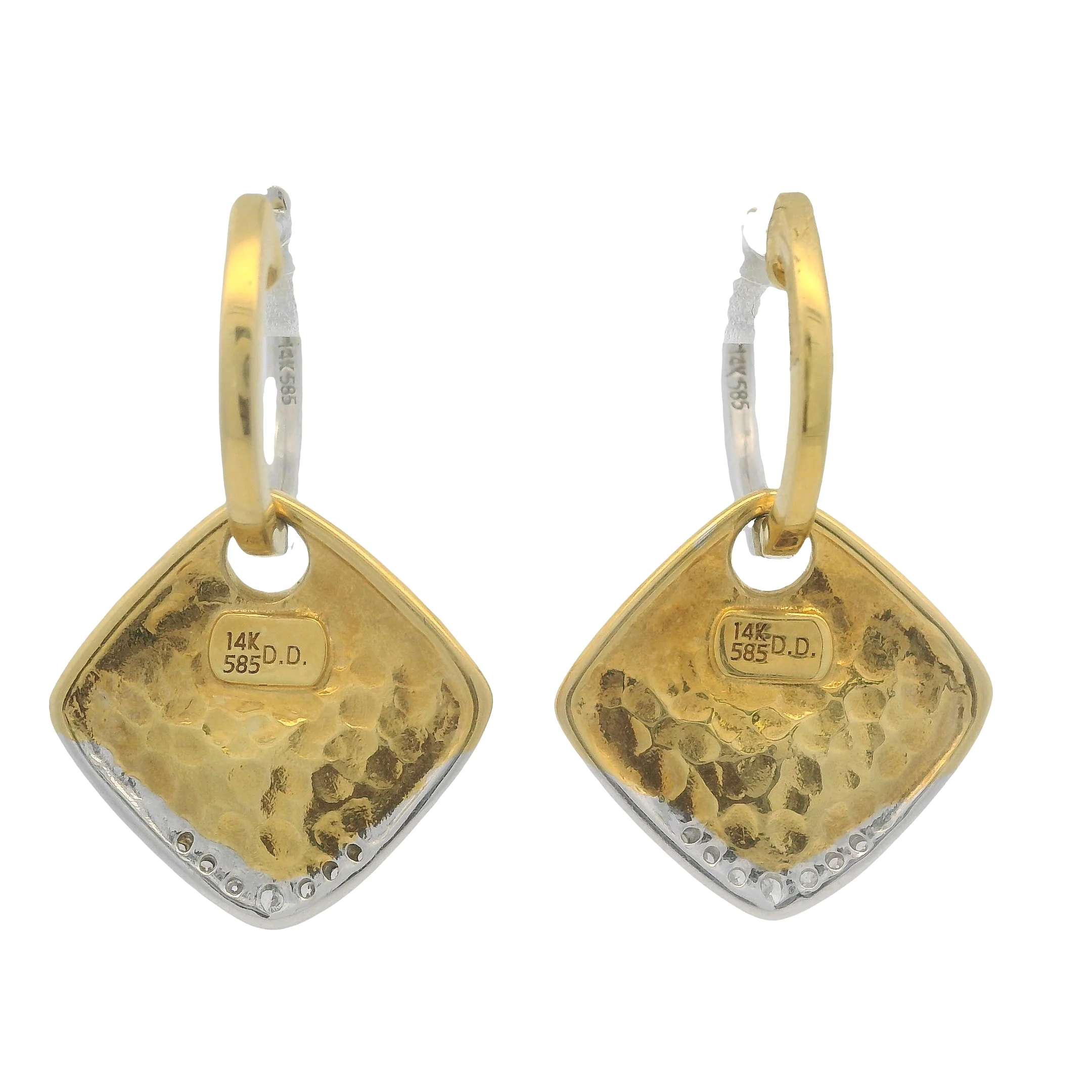 Solid 14kt White and Yellow Gold Reversible Hammered Square Diamond Dangle Snap Earrings - Image 4