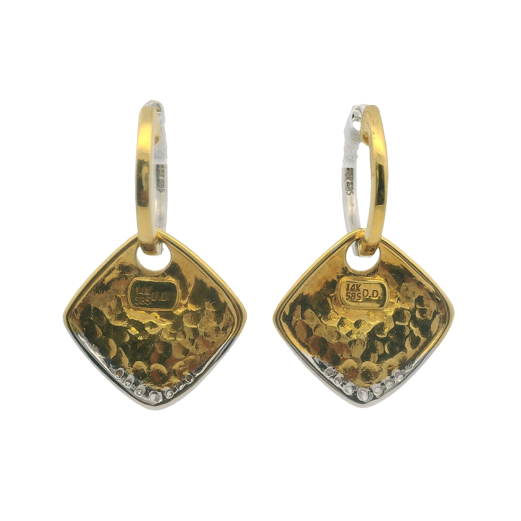 Solid 14kt White and Yellow Gold Reversible Hammered Square Diamond Dangle Snap Earrings - Image 5
