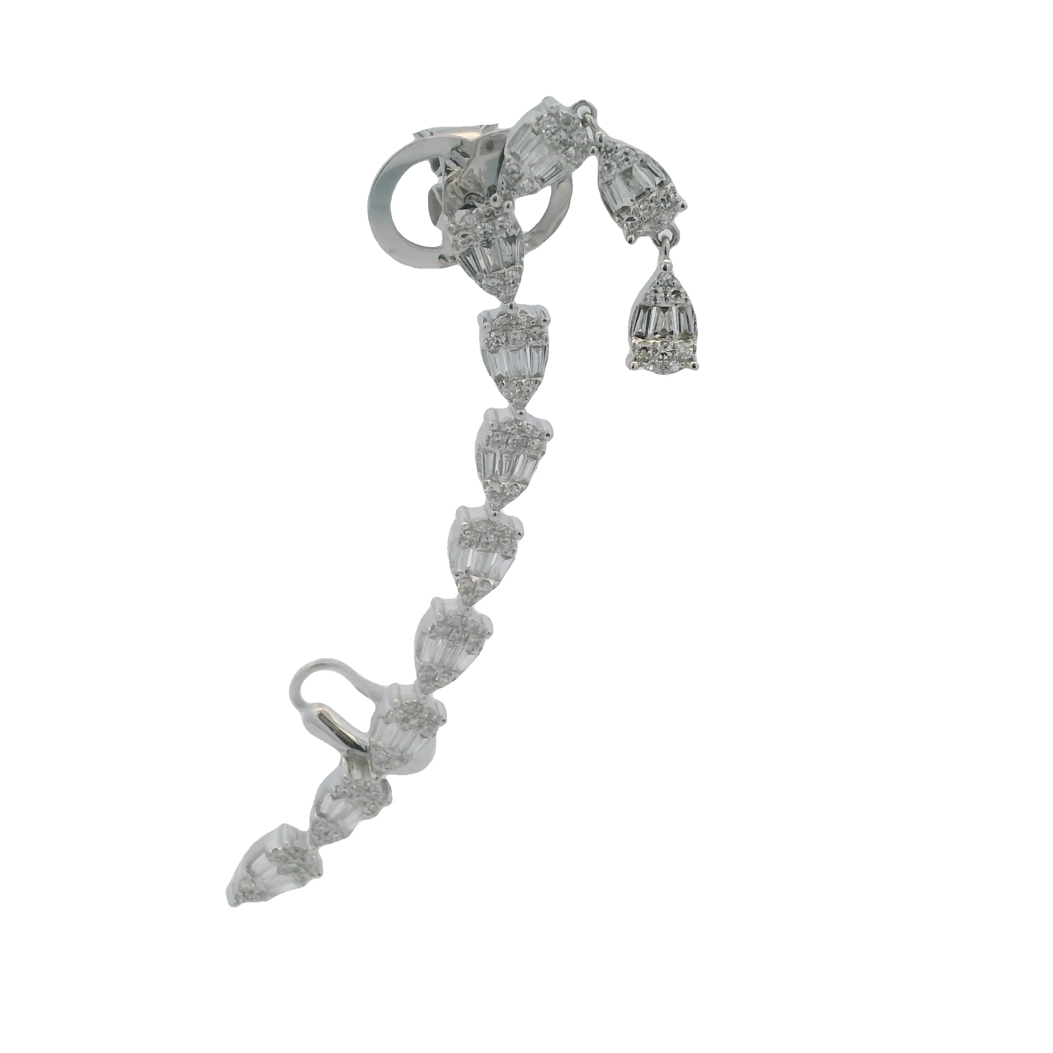 Solid 14kt White Gold and Baguette and Round Diamond Climber Single Dangle Earring with Cuff