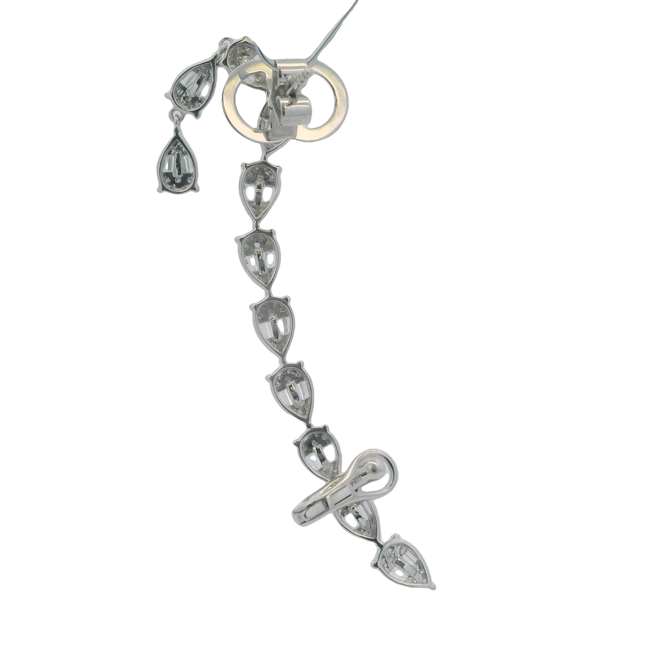 Solid 14kt White Gold and Baguette and Round Diamond Climber Single Dangle Earring with Cuff - Image 2