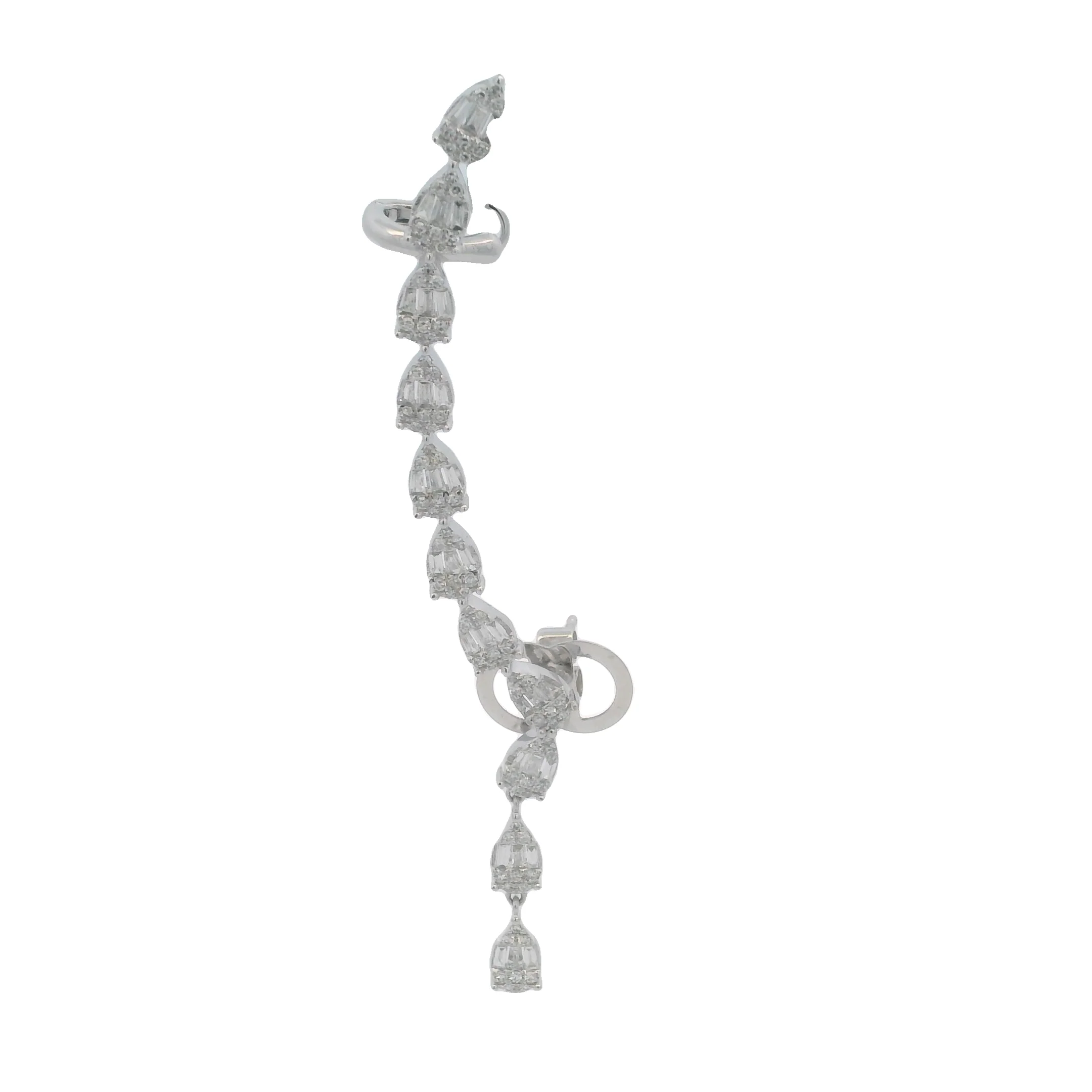 Solid 14kt White Gold and Baguette and Round Diamond Climber Single Dangle Earring with Cuff - Image 4