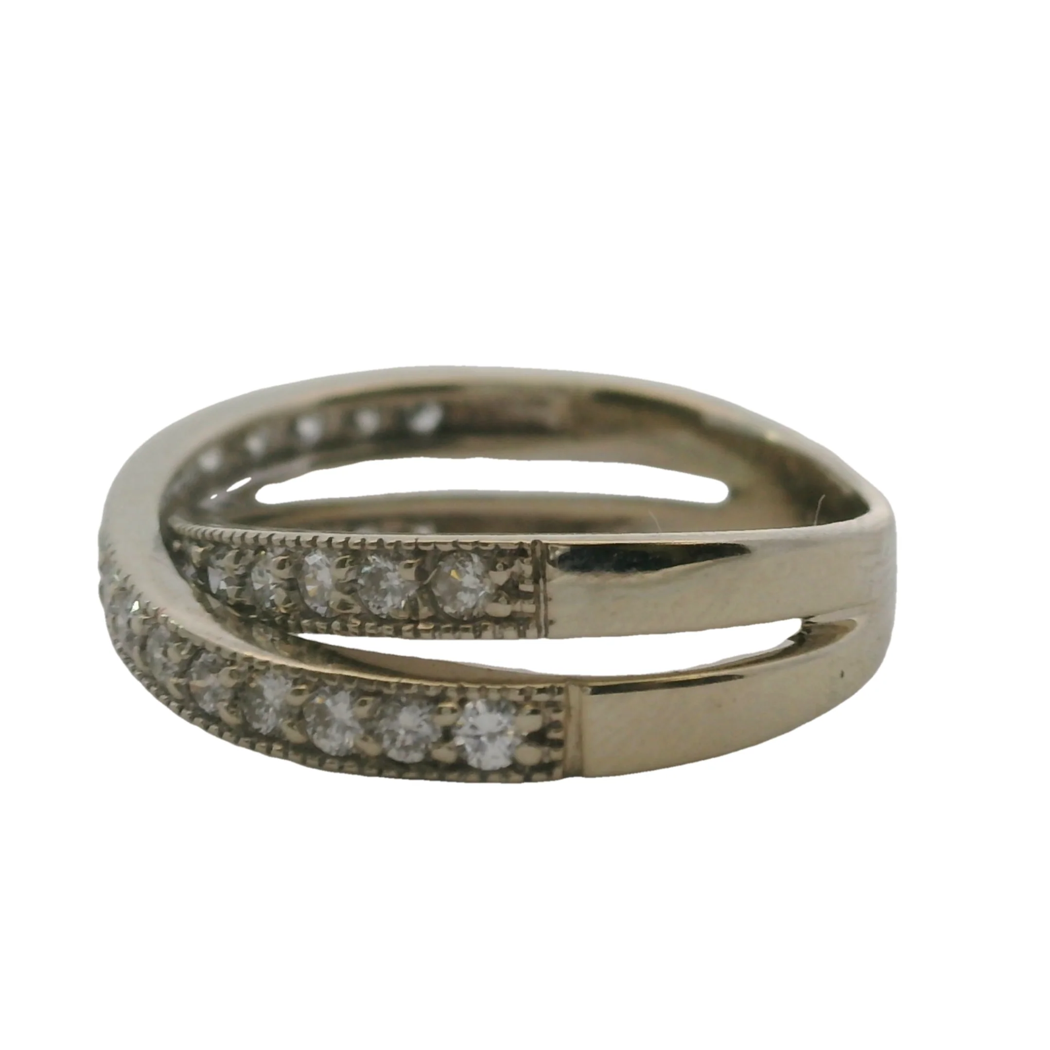 Solid 14kt White Gold and Diamond Crossover Milgrain Band Ring Size 6 - Image 2