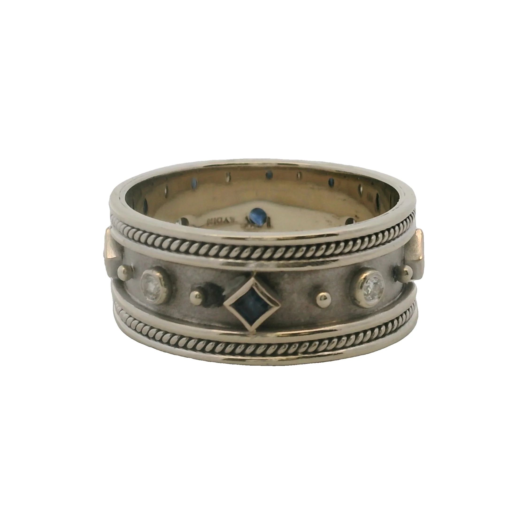 Solid 14kt White Gold Diamond and Sapphire 10mm Wide Rope Detail Band Ring Size 11 - Image 2