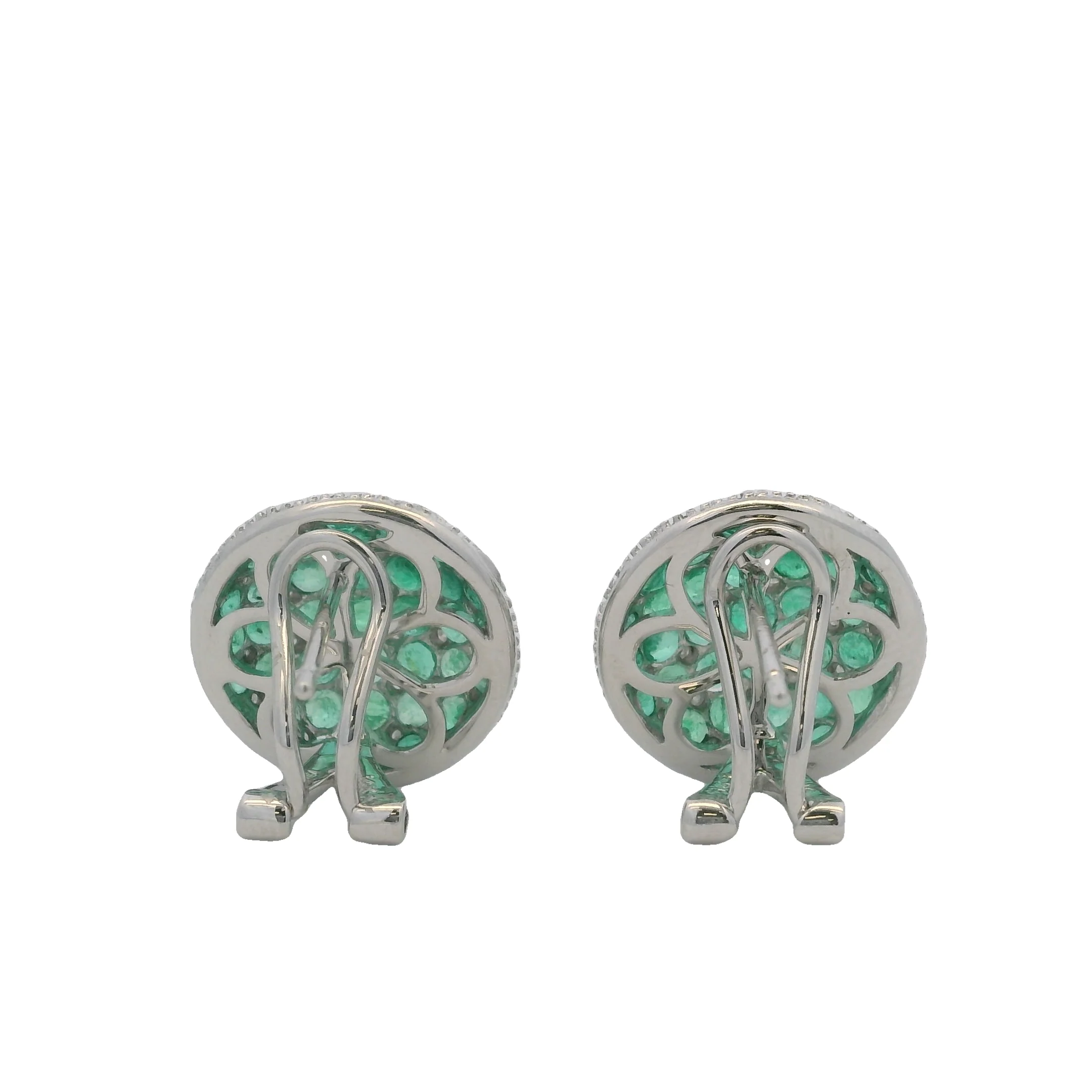 Solid 14kt White Gold Omega-Back Emerald and Diamond Checkerboard Pattern 15mm Earrings - Image 2