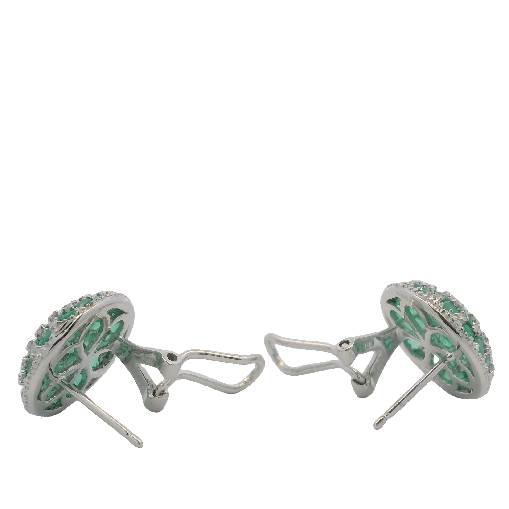 Solid 14kt White Gold Omega-Back Emerald and Diamond Checkerboard Pattern 15mm Earrings - Image 3