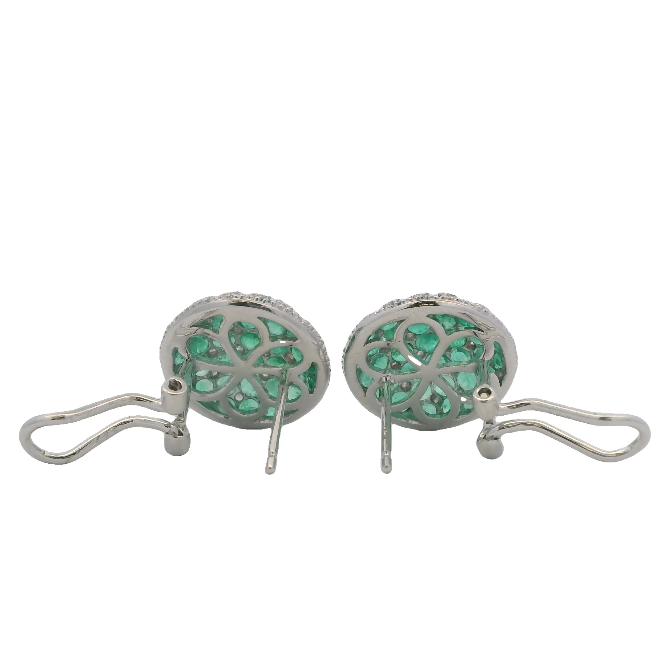 Solid 14kt White Gold Omega-Back Emerald and Diamond Checkerboard Pattern 15mm Earrings - Image 4