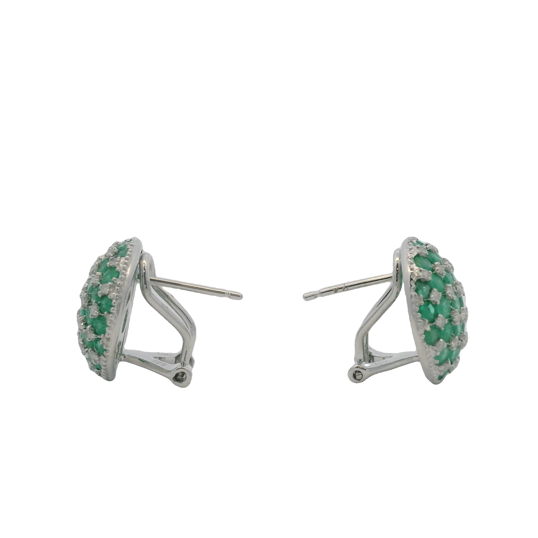 Solid 14kt White Gold Omega-Back Emerald and Diamond Checkerboard Pattern 15mm Earrings - Image 5