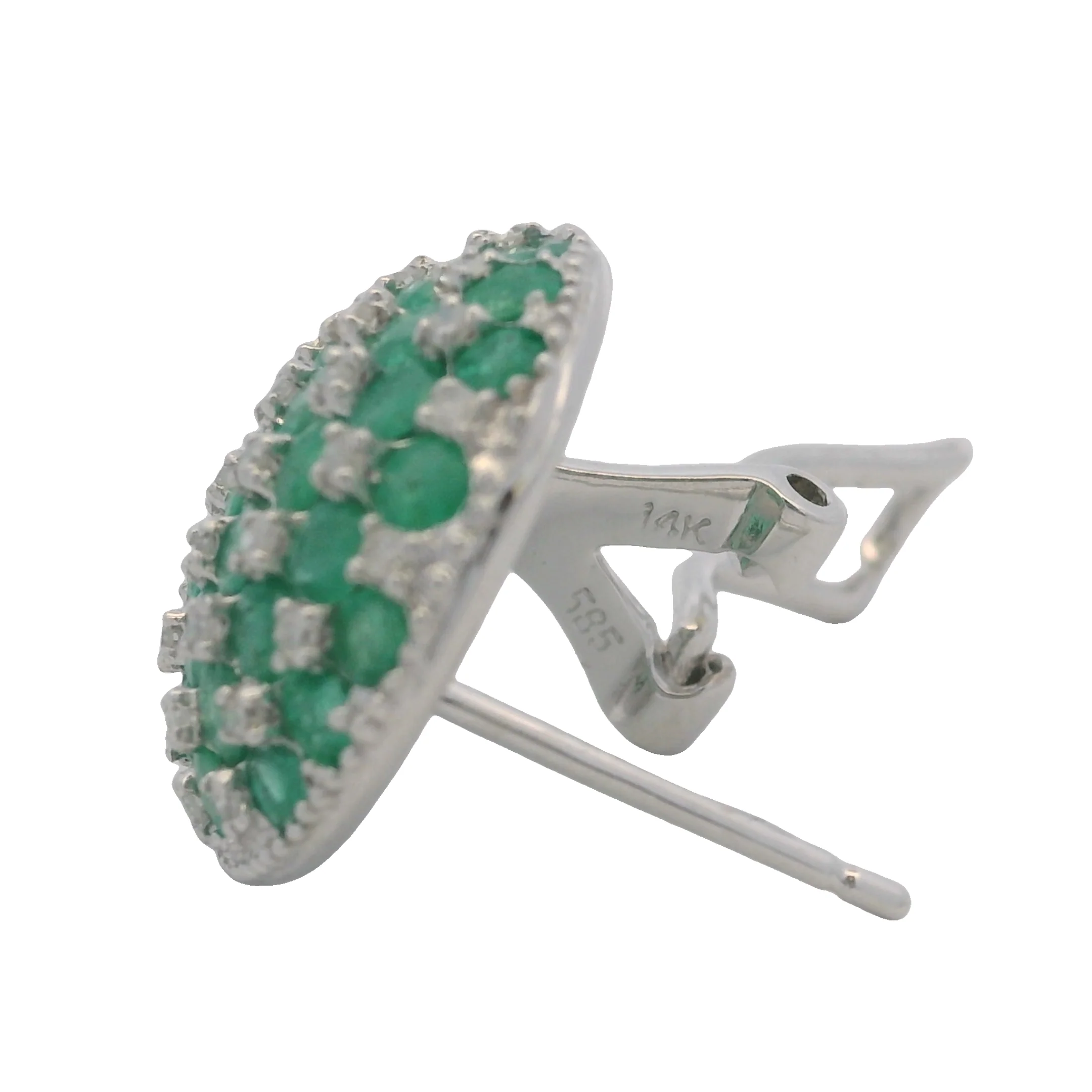 Solid 14kt White Gold Omega-Back Emerald and Diamond Checkerboard Pattern 15mm Earrings - Image 6