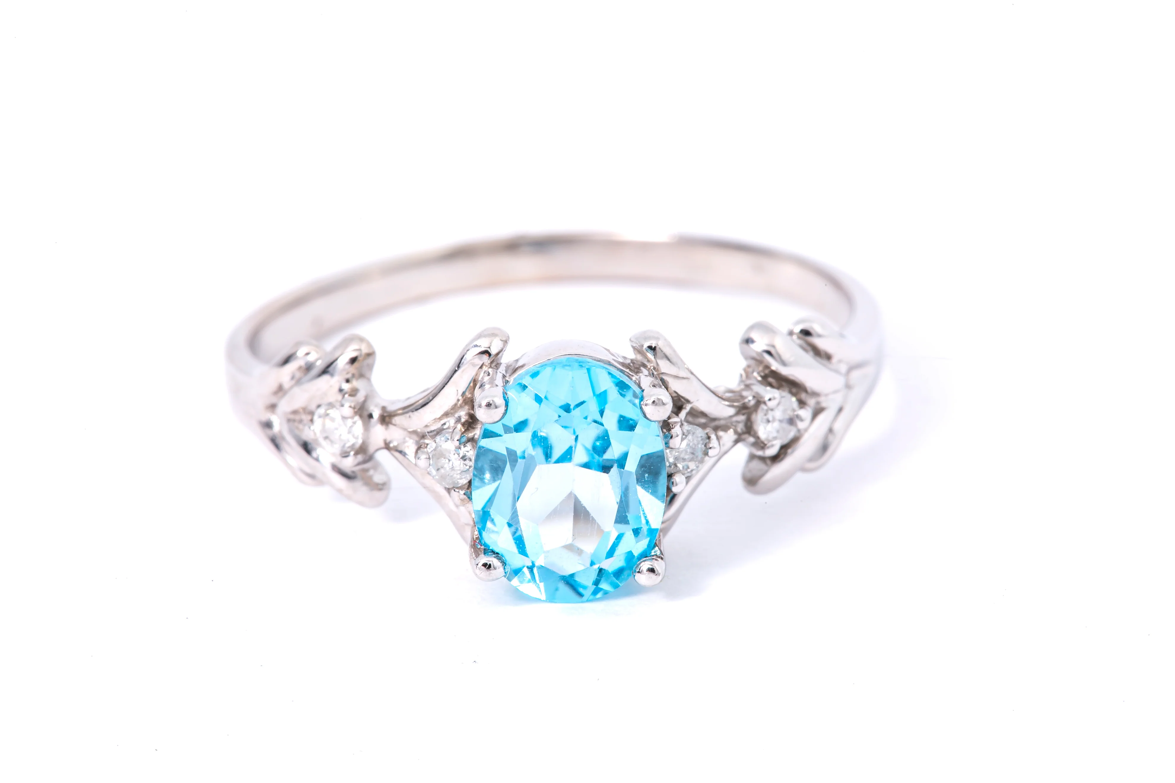 Solid 14kt White Gold Prong-Set Blue Topaz Ring with 4 Diamond Accents Size 10