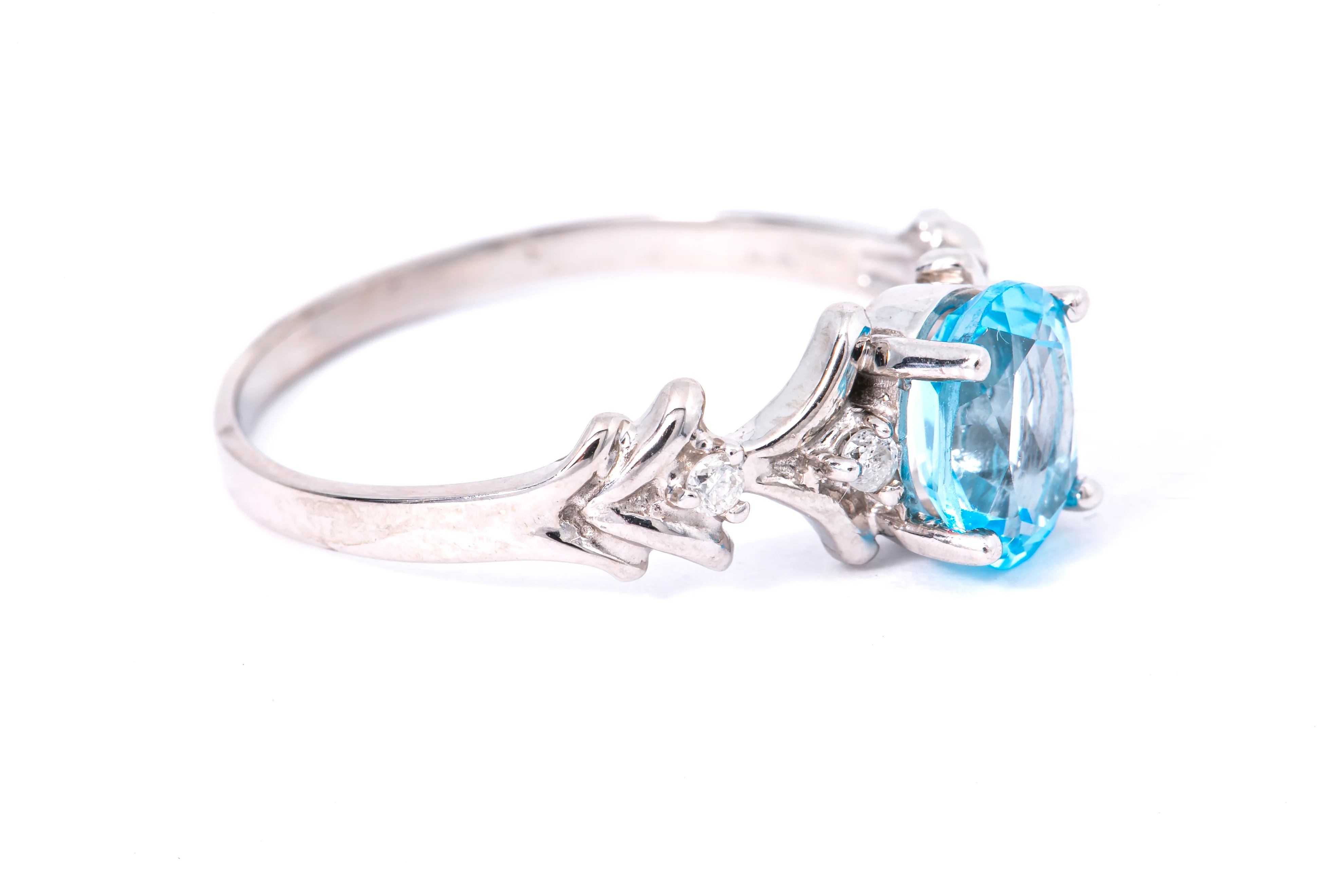 Solid 14kt White Gold Prong-Set Blue Topaz Ring with 4 Diamond Accents Size 10 - Image 2